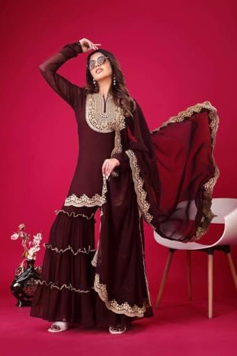 BLUEMORA Women's Women's Faux Georgette Embroidered Kurti with Plazzo and Dupatta Set (Maroon-M)
