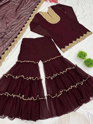BLUEMORA Women's Women's Faux Georgette Embroidered Kurti with Plazzo and Dupatta Set (Maroon-M)