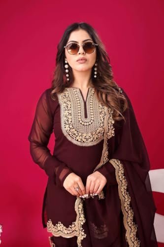 BLUEMORA Women's Women's Faux Georgette Embroidered Kurti with Plazzo and Dupatta Set (Maroon-M)