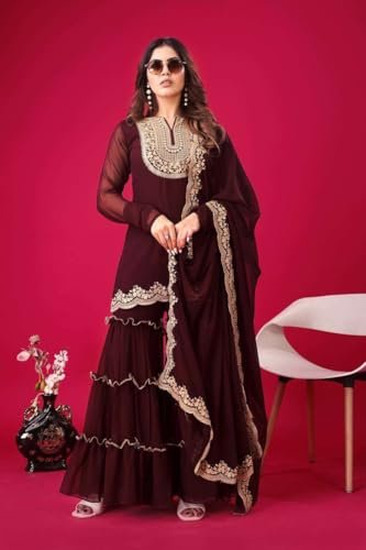 BLUEMORA Women's Women's Faux Georgette Embroidered Kurti with Plazzo and Dupatta Set (Maroon-M)