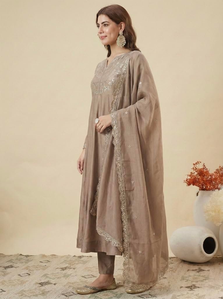 MOKOSH Women's Silk Embroidered Anarkali Kurta Pant Dupatta Set (444-04-L-A)