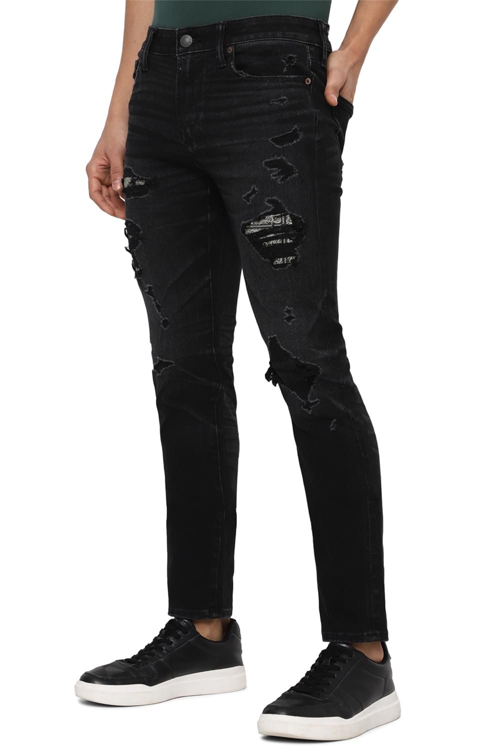 American Eagle Men Black Airflex 360 Patched Slim Jean