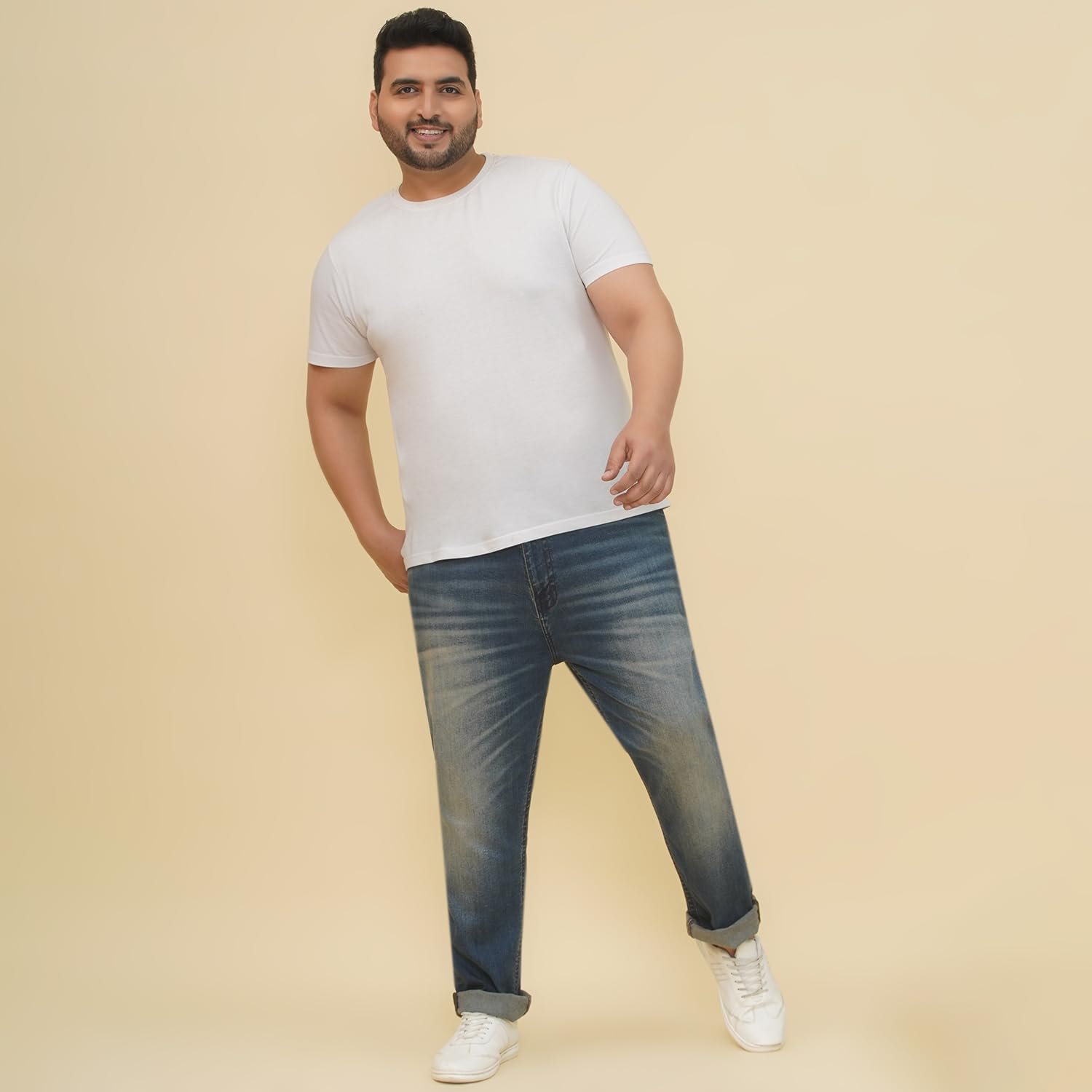 JOHN PRIDE Plus Size Men Regular Fit Navy Blue Stretchable Jeans (JPJ12462_50)