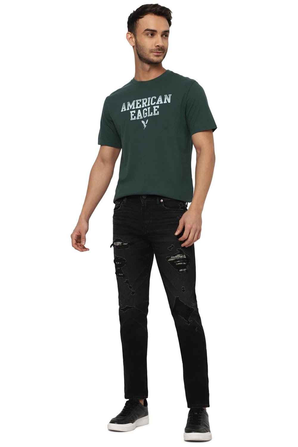 American Eagle Men Black Airflex 360 Patched Slim Jean