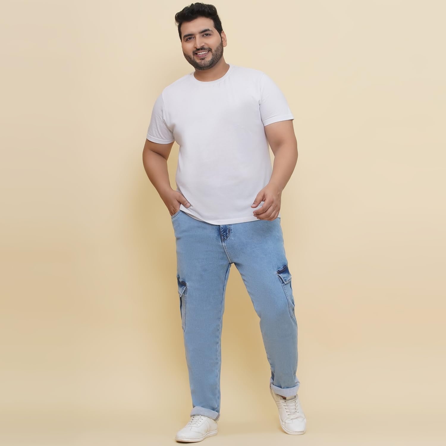 JOHN PRIDE Plus Size Men Regular Fit Light Fade Blue Stretchable Cargo Jeans
