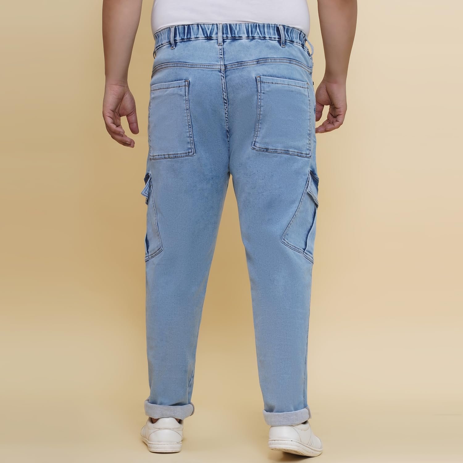 JOHN PRIDE Plus Size Men Regular Fit Light Fade Blue Stretchable Cargo Jeans