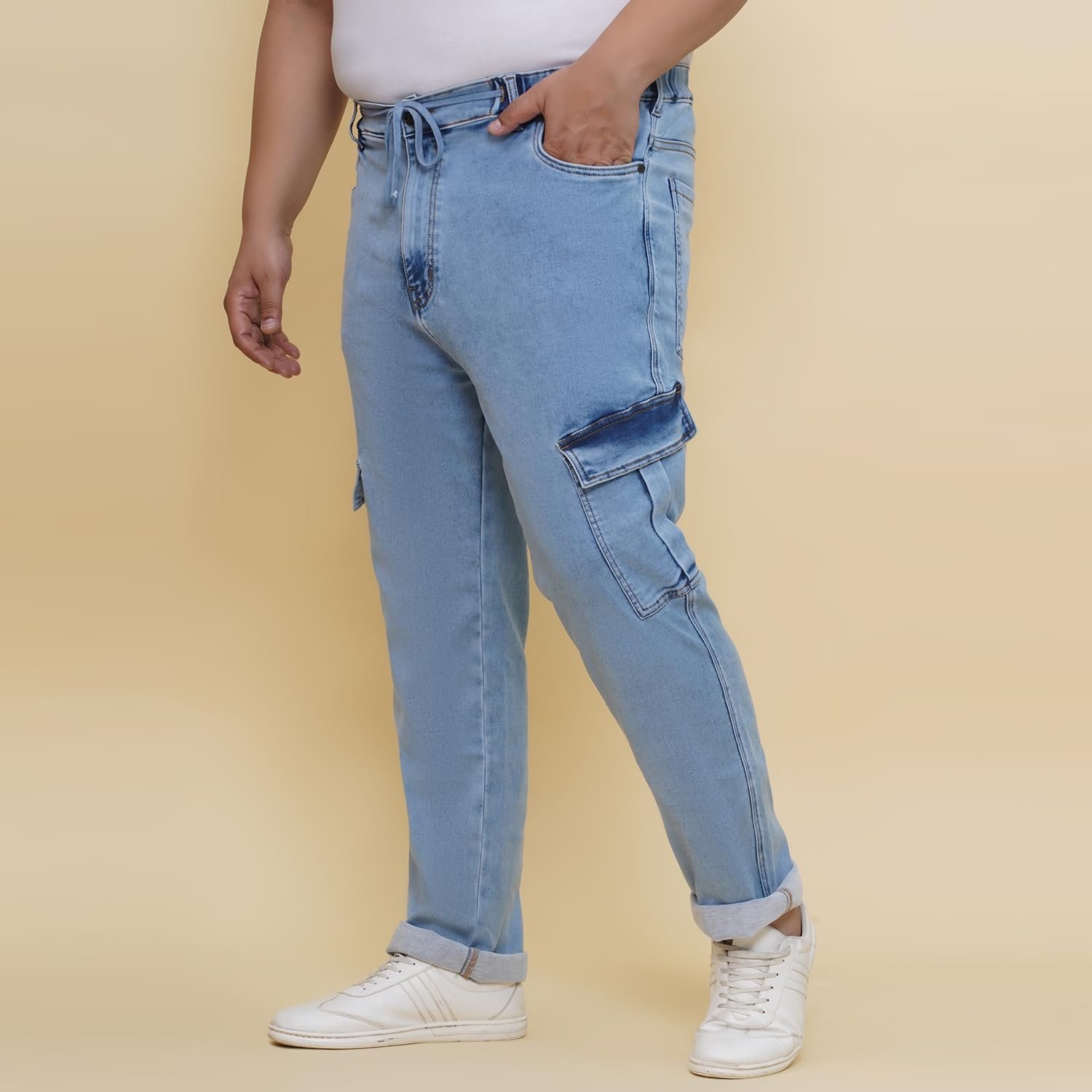 JOHN PRIDE Plus Size Men Regular Fit Light Fade Blue Stretchable Cargo Jeans