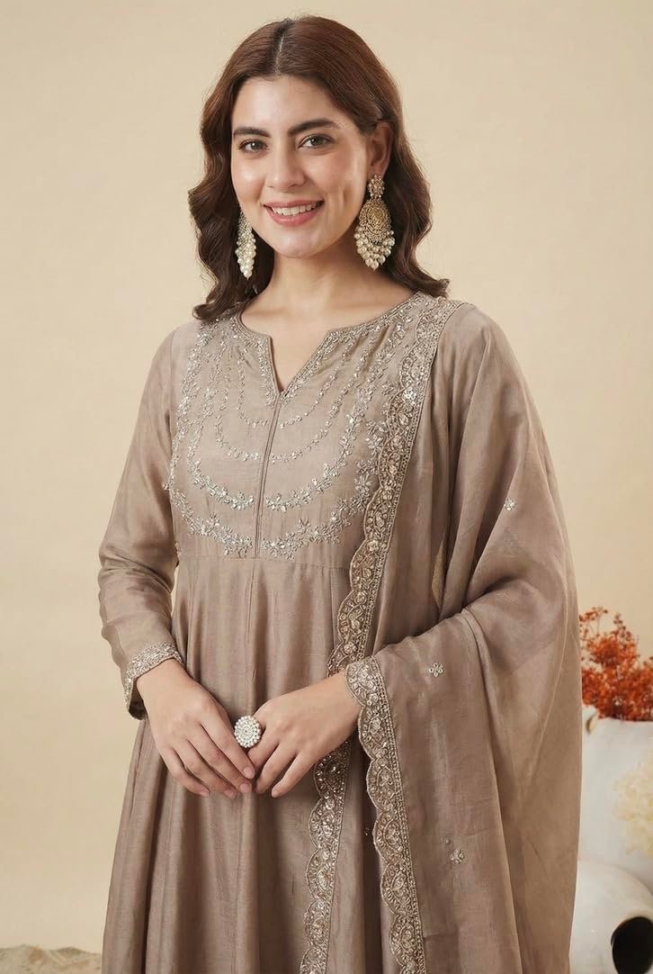 MOKOSH Women's Silk Embroidered Anarkali Kurta Pant Dupatta Set (444-04-L-A)