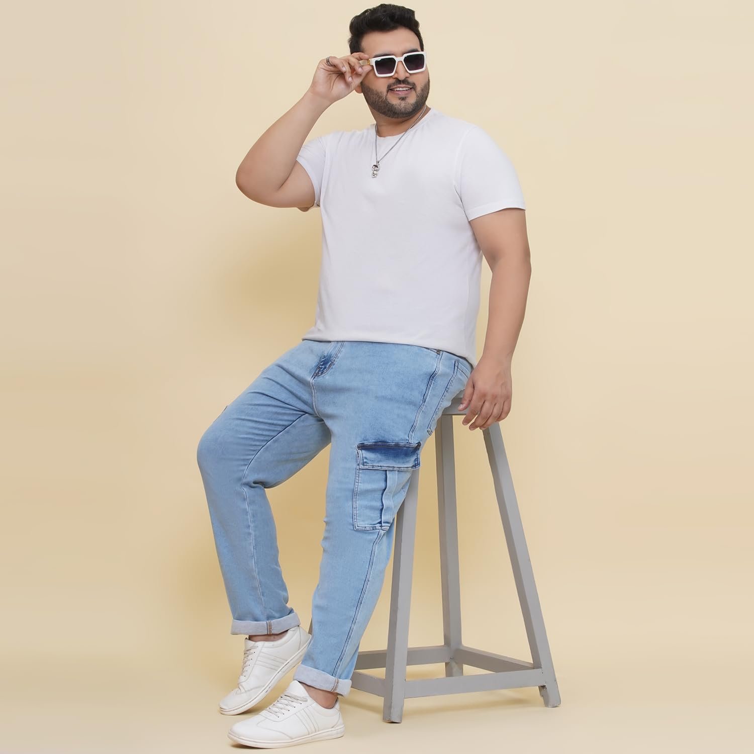 JOHN PRIDE Plus Size Men Regular Fit Light Fade Blue Stretchable Cargo Jeans