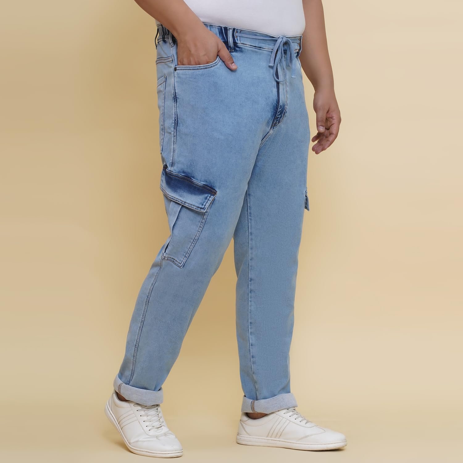 JOHN PRIDE Plus Size Men Regular Fit Light Fade Blue Stretchable Cargo Jeans