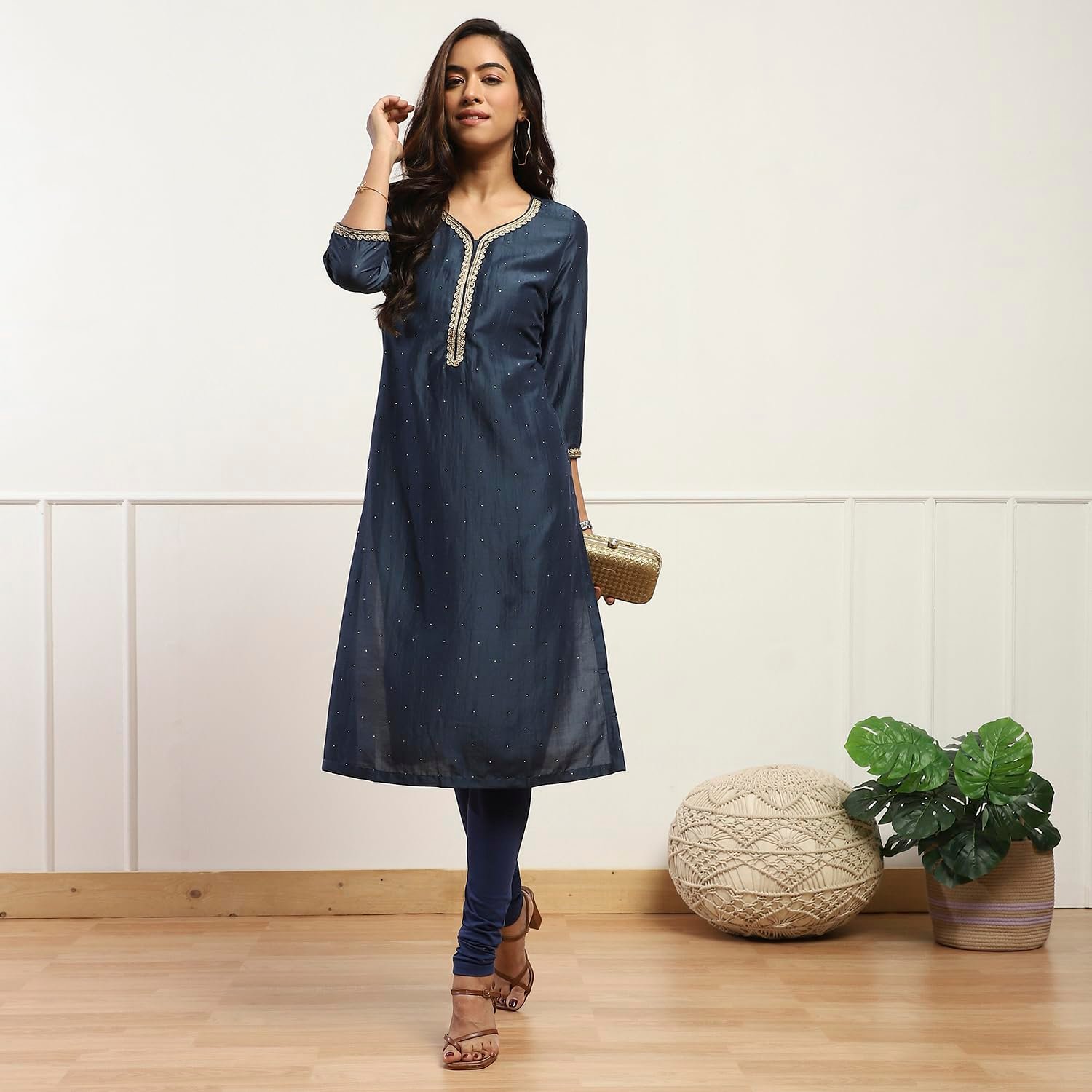 Biba Women Cotton Blend Solid Regular Fit Churidar Navy