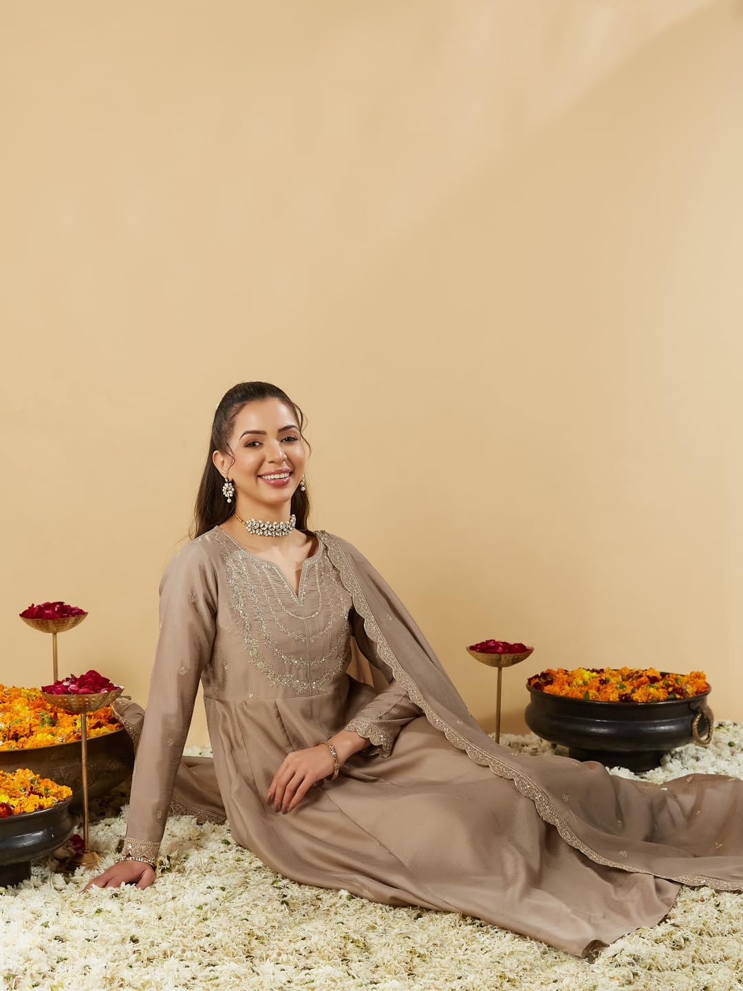 MOKOSH Women's Silk Embroidered Anarkali Kurta Pant Dupatta Set (444-04-L-A)