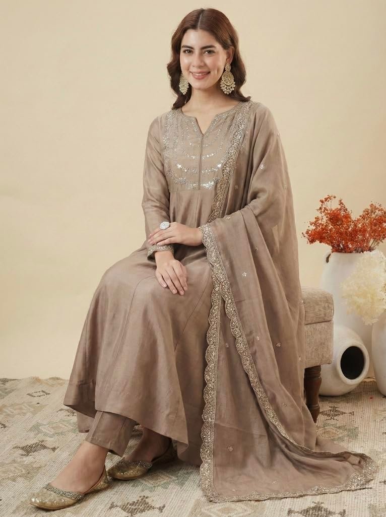 MOKOSH Women's Silk Embroidered Anarkali Kurta Pant Dupatta Set (444-04-L-A)