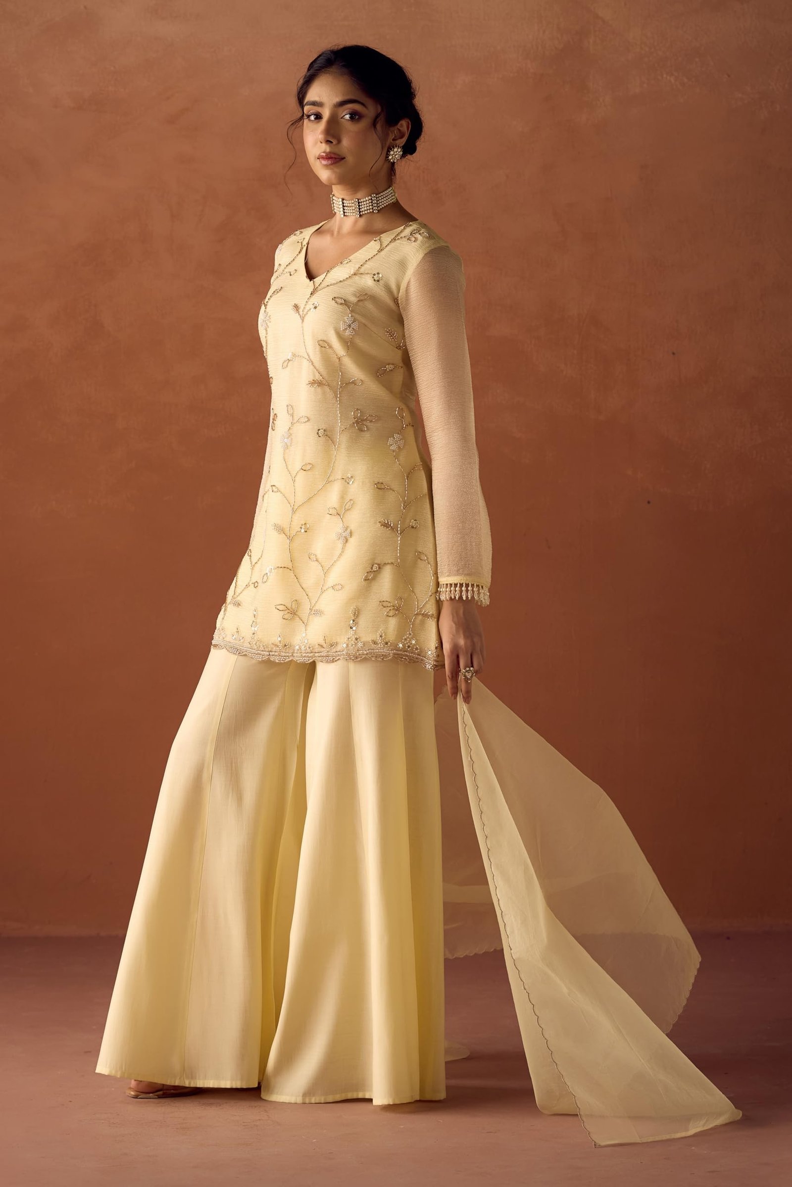 FIORRA Women Light Pastel Yellow Crush Organza Hand Work A-Line Kurta Set with Dupatta SET0225