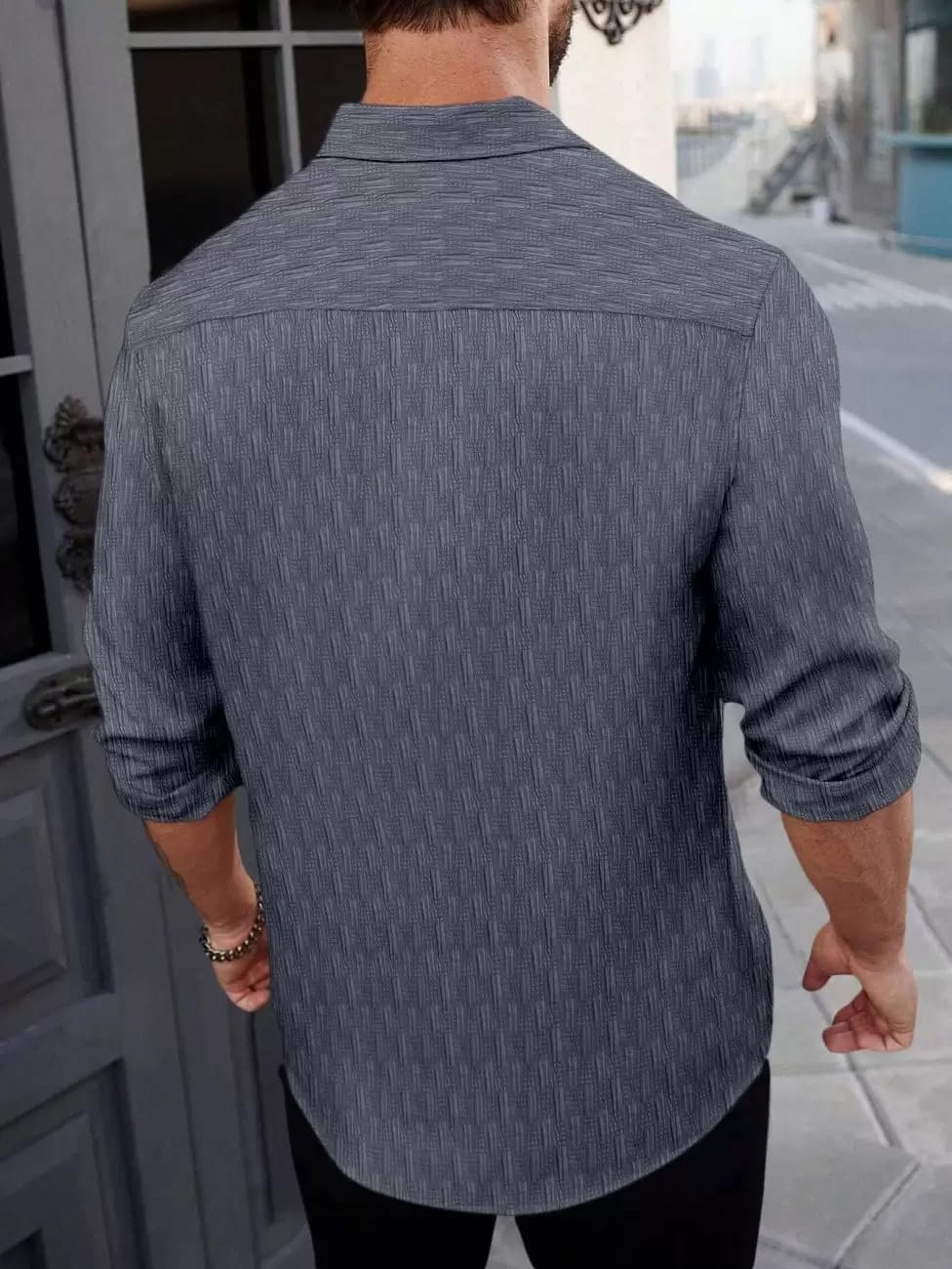 DEELMO Men's Regular Fit Button Down Dress Shirts Textured Long Sleeve Casual Hawaiian Shirt Grey