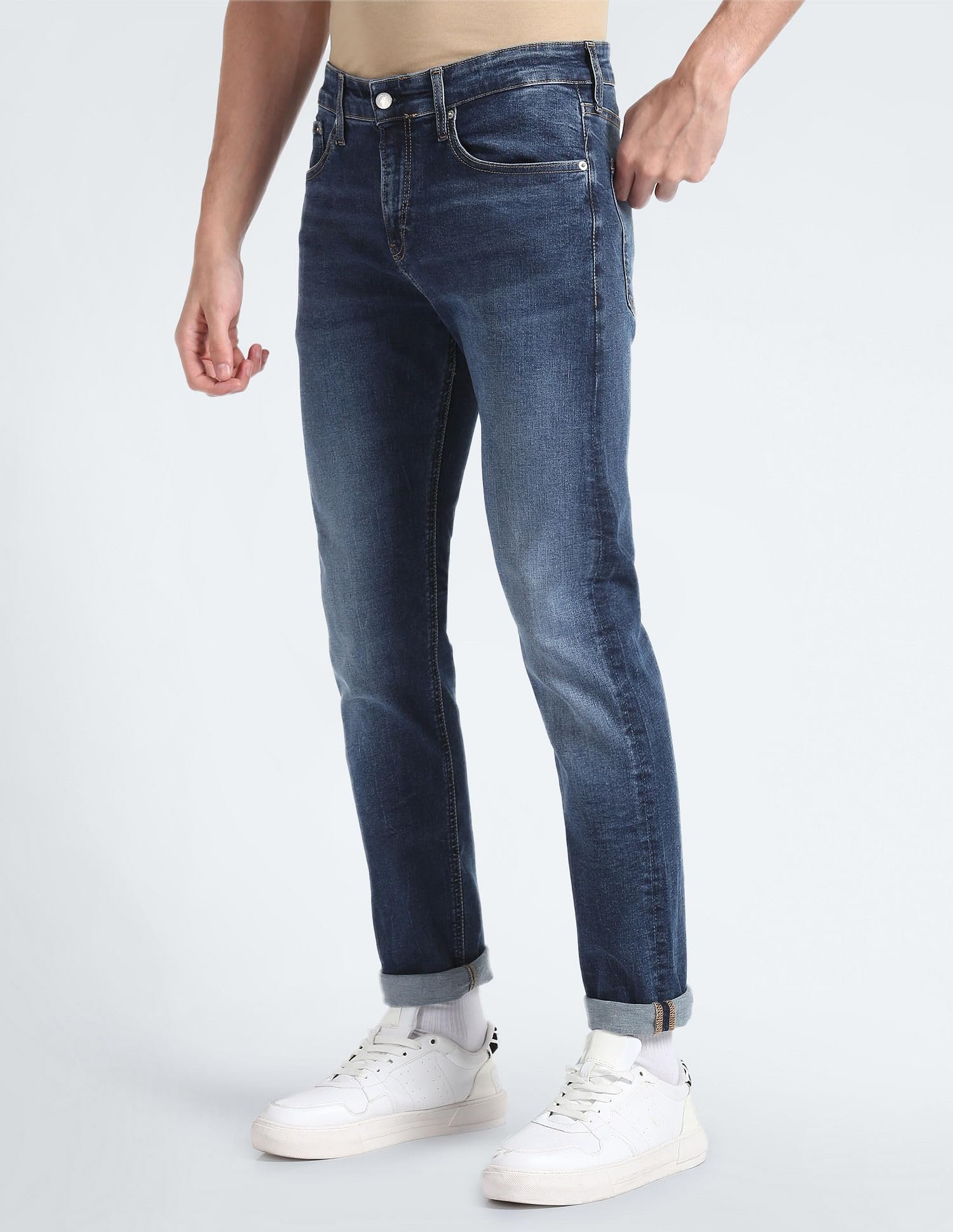 Calvin Klein Dark Blue Cotton Solid Skinny Fit Men Jeans