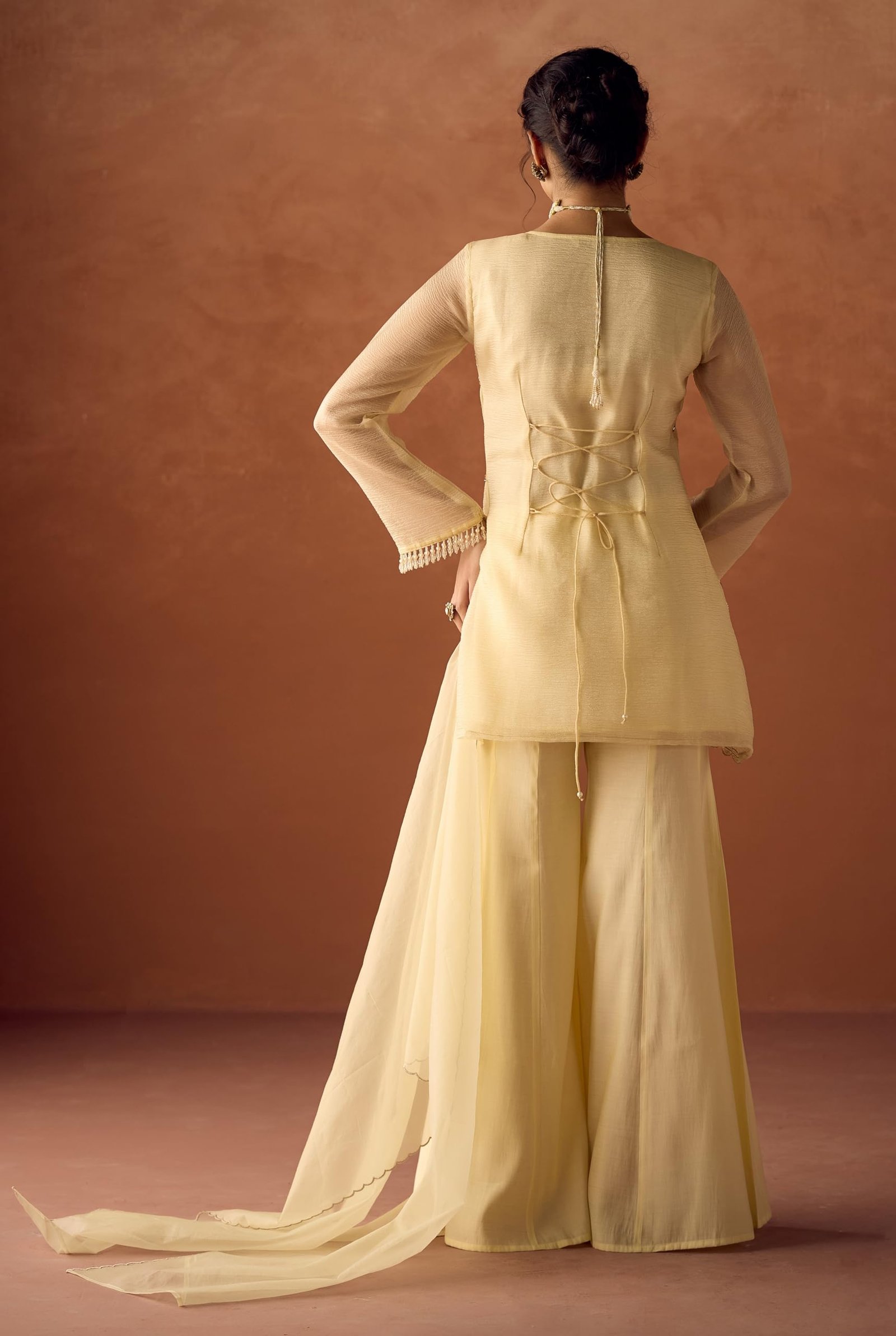 FIORRA Women Light Pastel Yellow Crush Organza Hand Work A-Line Kurta Set with Dupatta SET0225