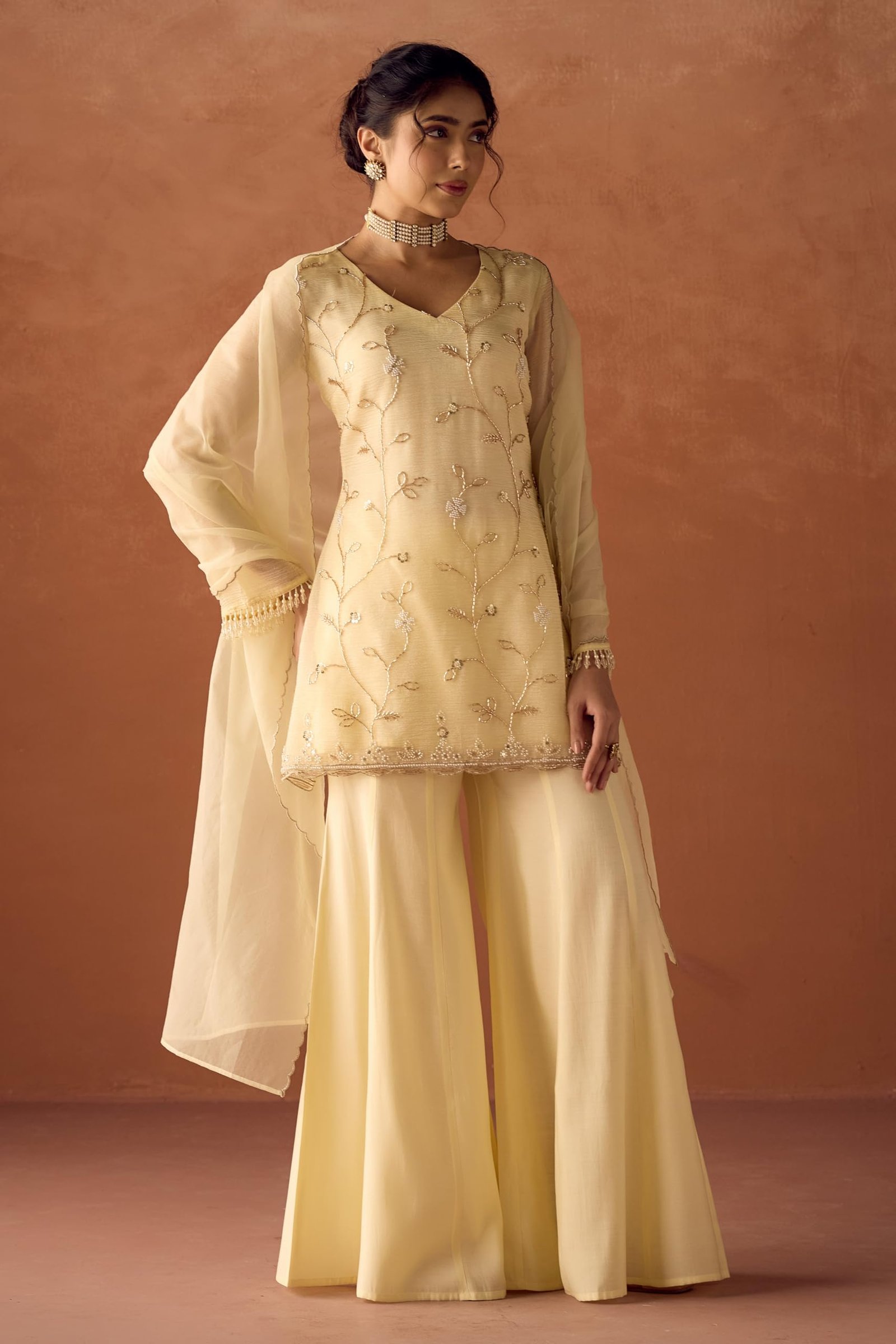 FIORRA Women Light Pastel Yellow Crush Organza Hand Work A-Line Kurta Set with Dupatta SET0225