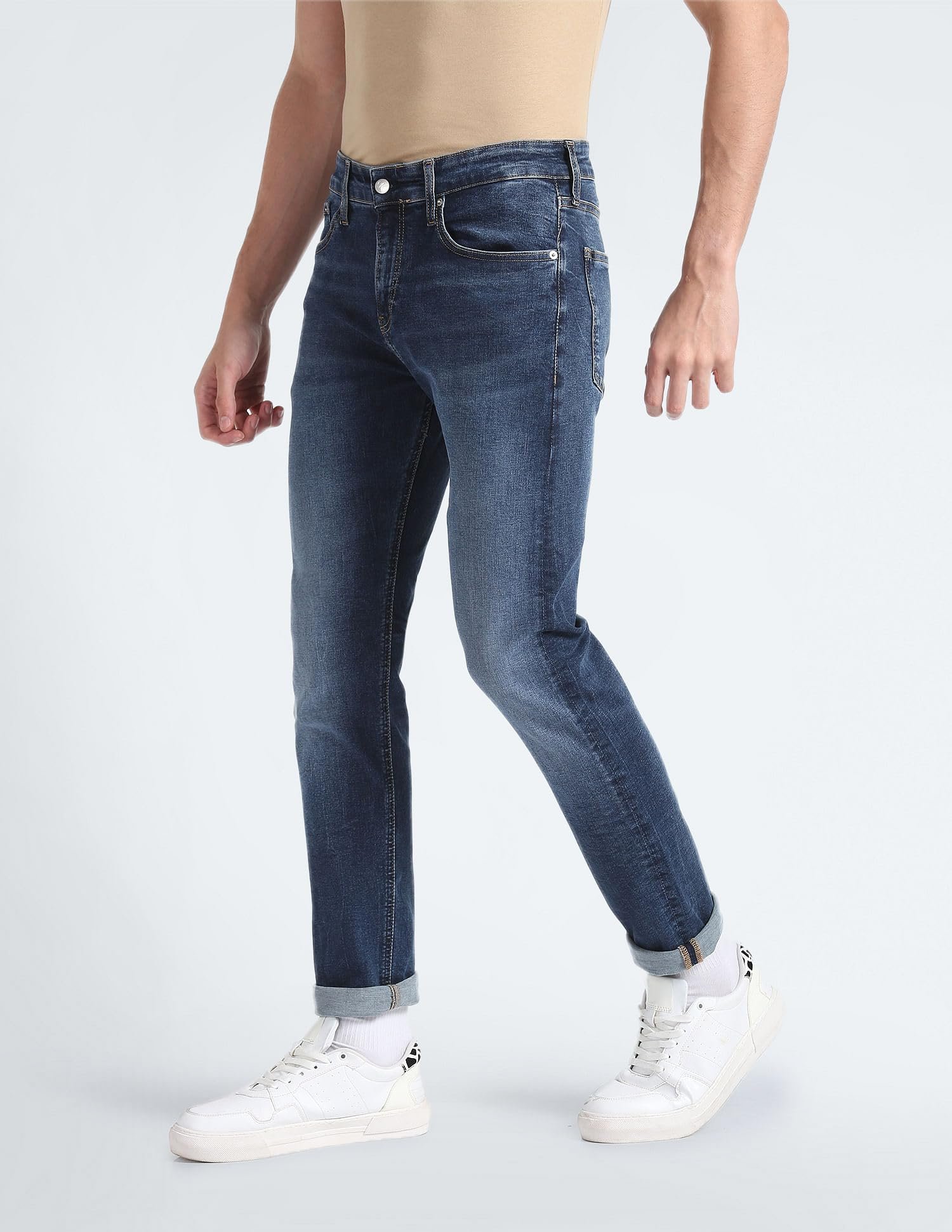 Calvin Klein Dark Blue Cotton Solid Skinny Fit Men Jeans