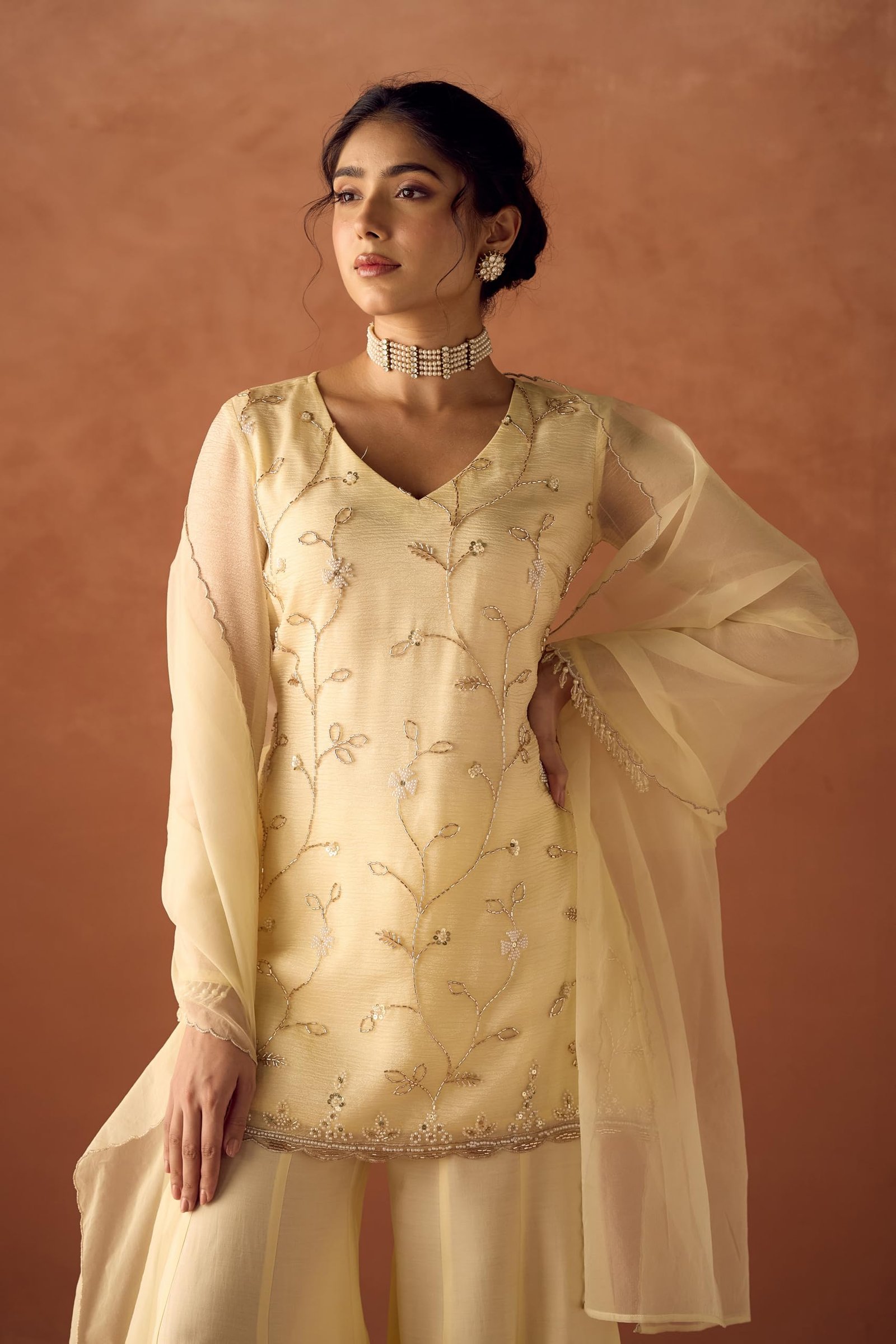 FIORRA Women Light Pastel Yellow Crush Organza Hand Work A-Line Kurta Set with Dupatta SET0225