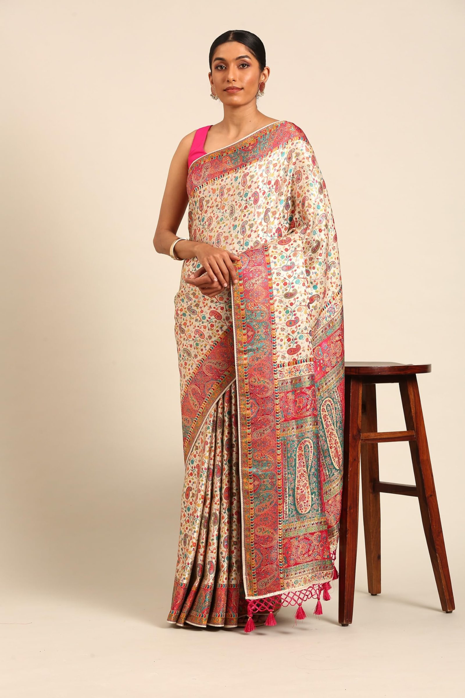 MOHEY Women's Cream Art Silk Embroidered|Thread Work Saree (Cream)