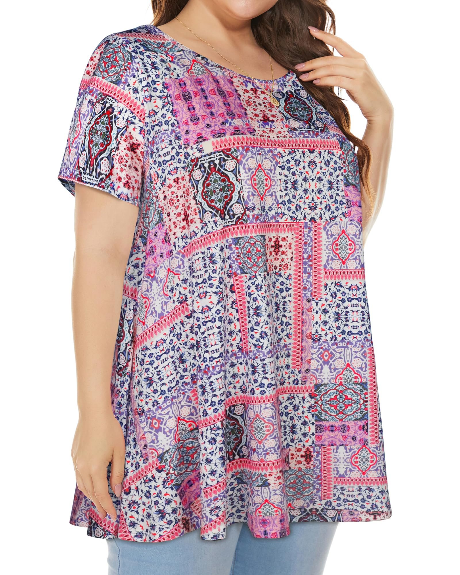 Plus Size Tops for Women Tunic Floral Casual Short Sleeves T Shirts Flowy Blouses, Pink Splicing, 4X-Large