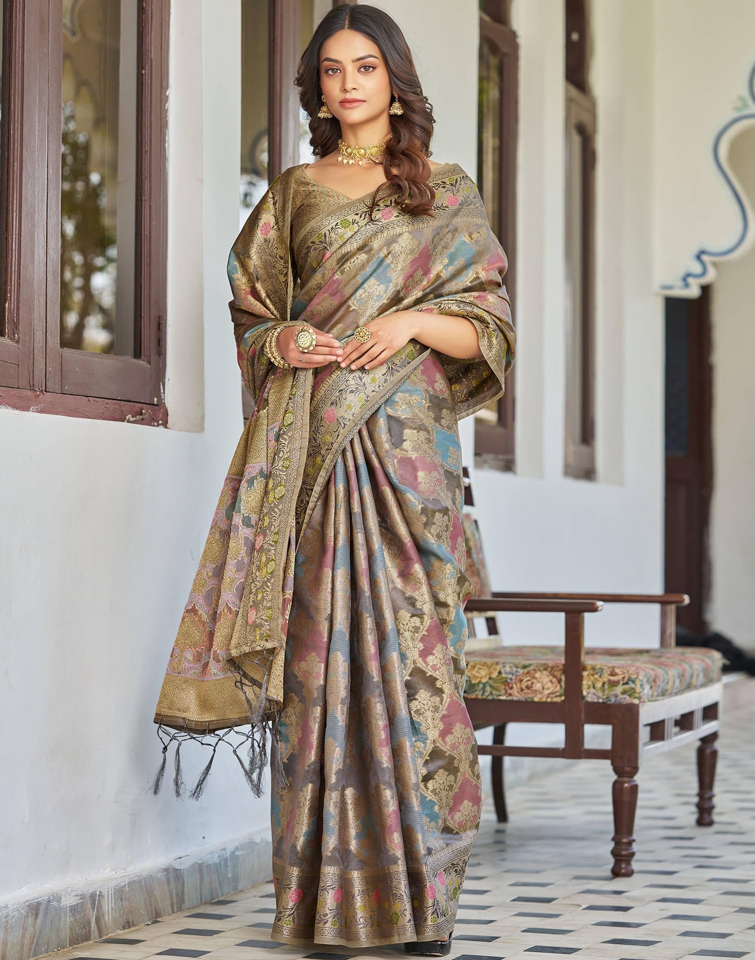 SIRIL Women's Banarasi Silk Jacquard Zari Work Saree with Unstitched blouse Piece (4241S6684_Grey)