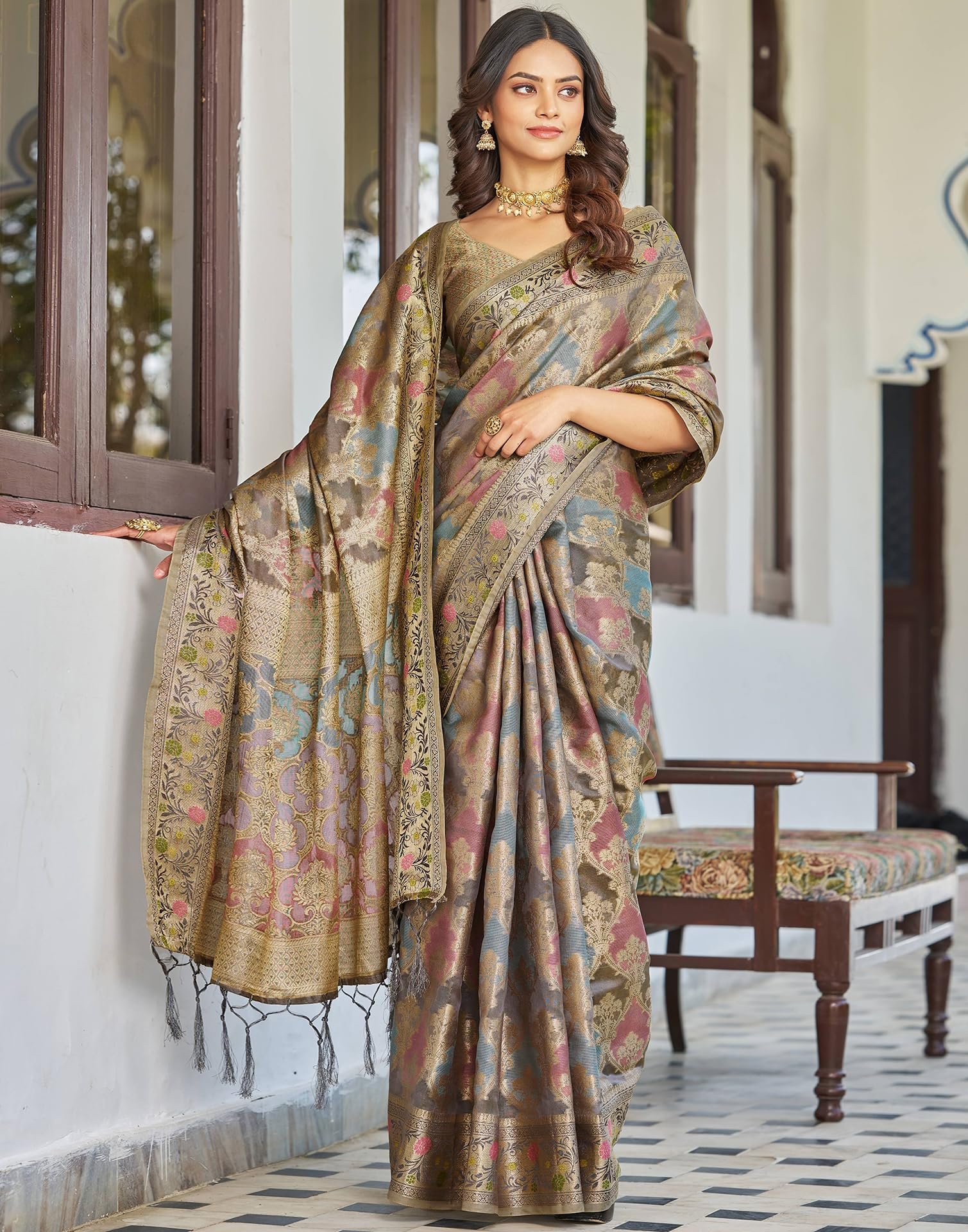 SIRIL Women's Banarasi Silk Jacquard Zari Work Saree with Unstitched blouse Piece (4241S6684_Grey)