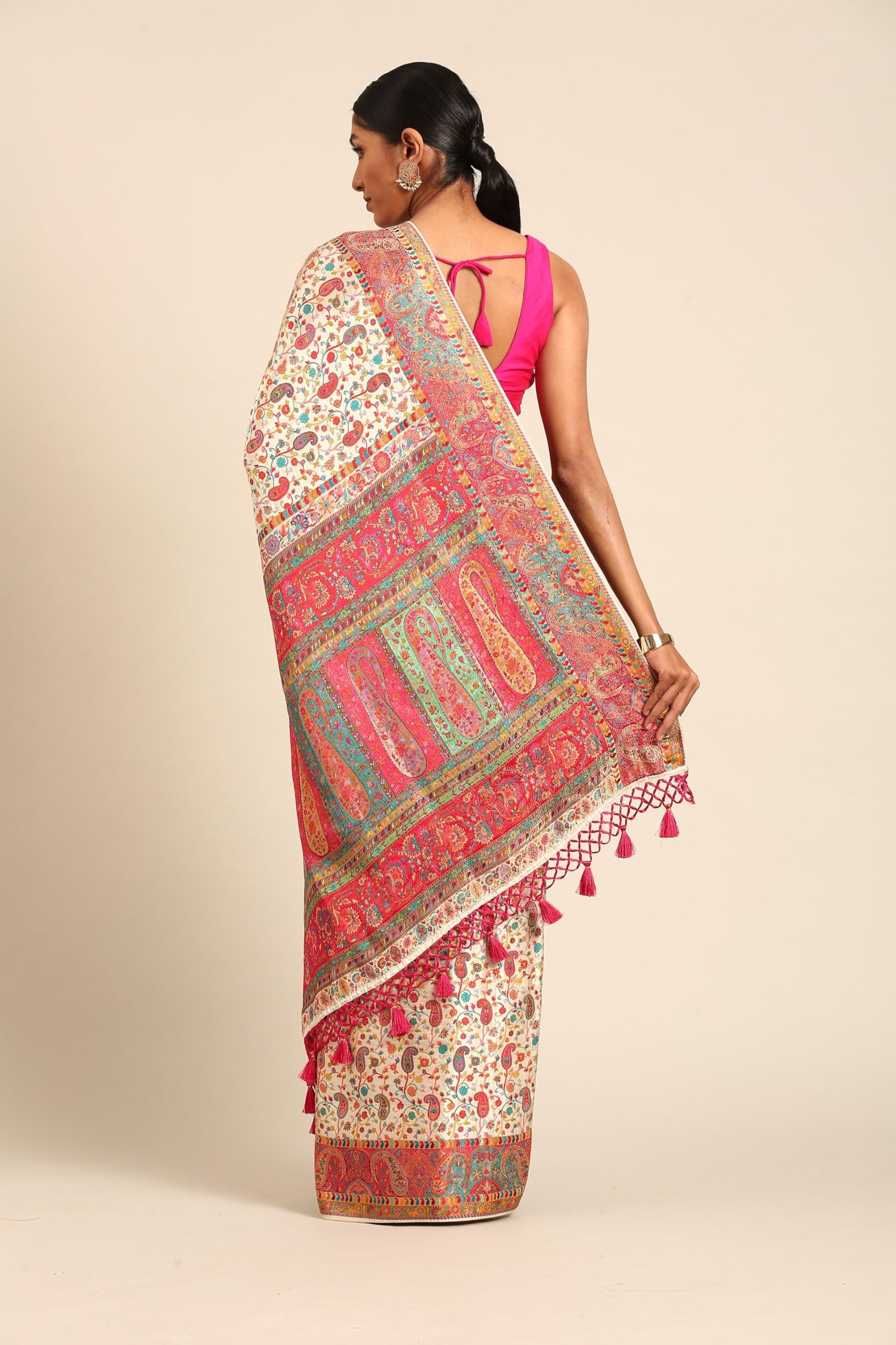 MOHEY Women's Cream Art Silk Embroidered|Thread Work Saree (Cream)