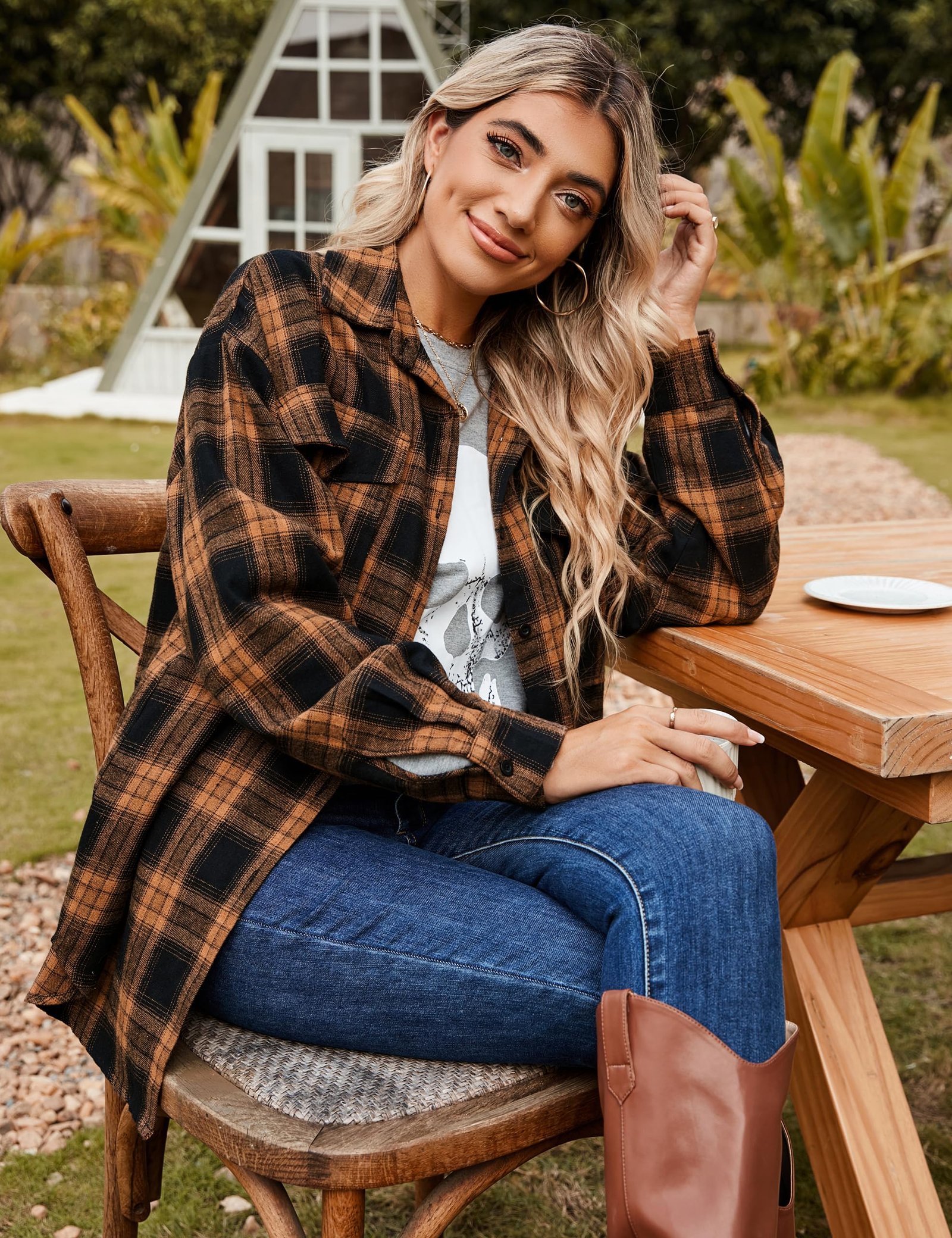 Blooming Jelly Women's Button Down Flannel Shirts Plaid Shacket Long Sleeve Collared Business Casual Tops Work Blouses, Brown Plaid, Medium