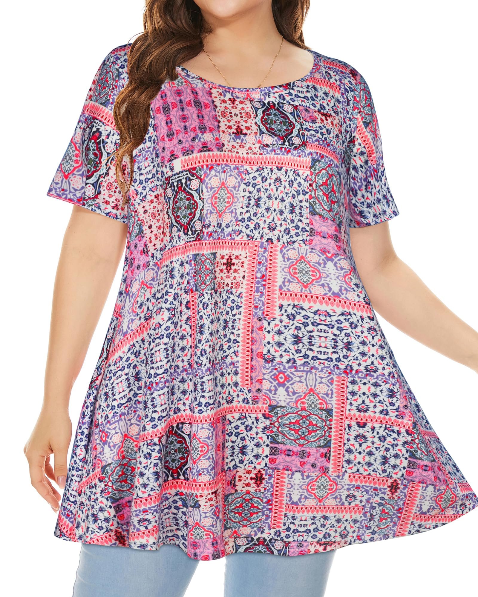 Plus Size Tops for Women Tunic Floral Casual Short Sleeves T Shirts Flowy Blouses, Pink Splicing, 4X-Large