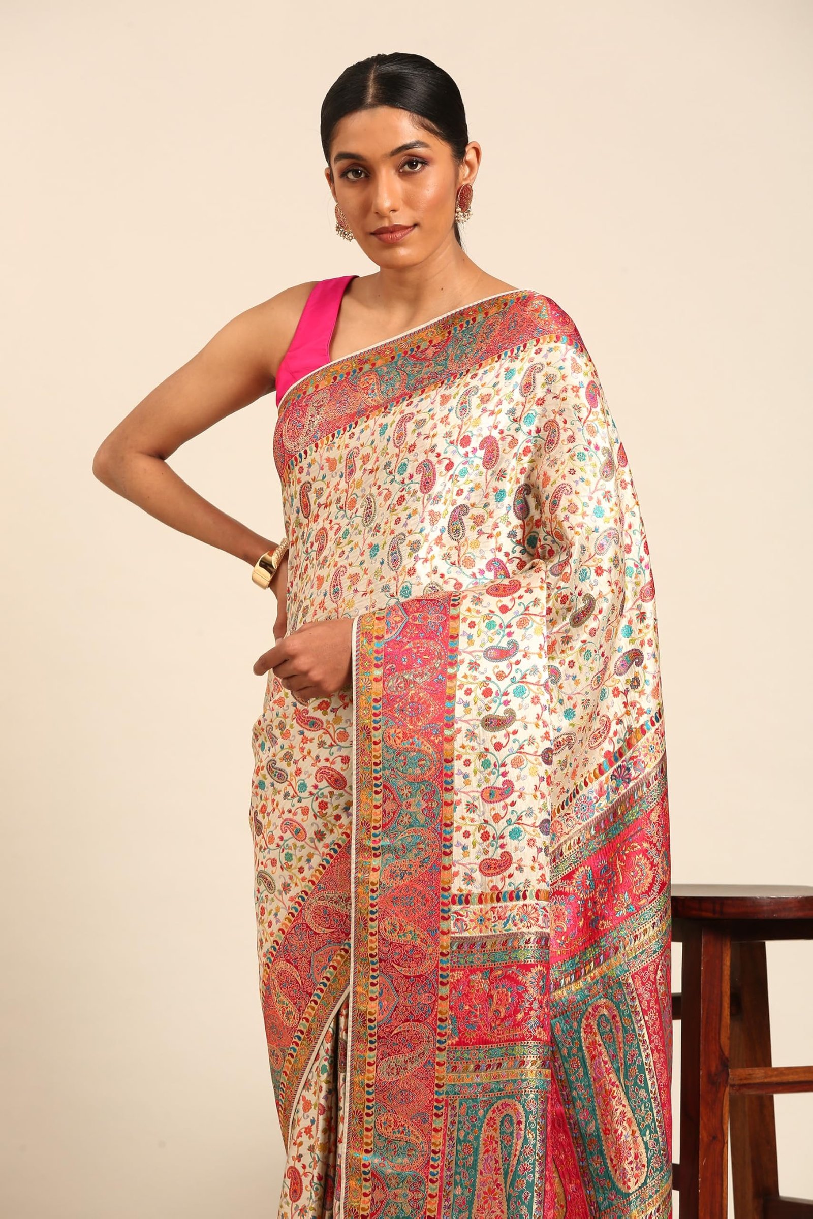 MOHEY Women's Cream Art Silk Embroidered|Thread Work Saree (Cream)