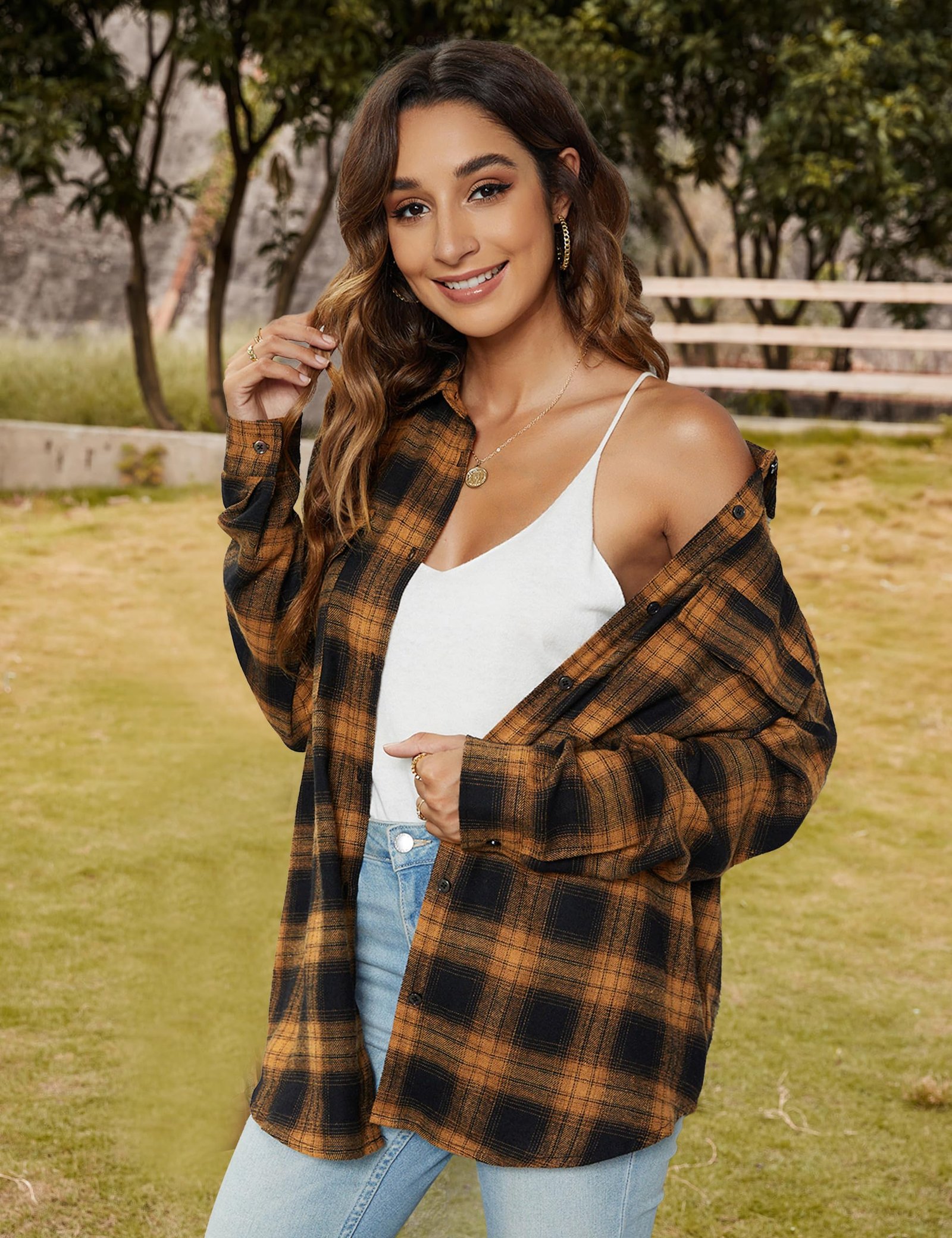 Blooming Jelly Women's Button Down Flannel Shirts Plaid Shacket Long Sleeve Collared Business Casual Tops Work Blouses, Brown Plaid, Medium