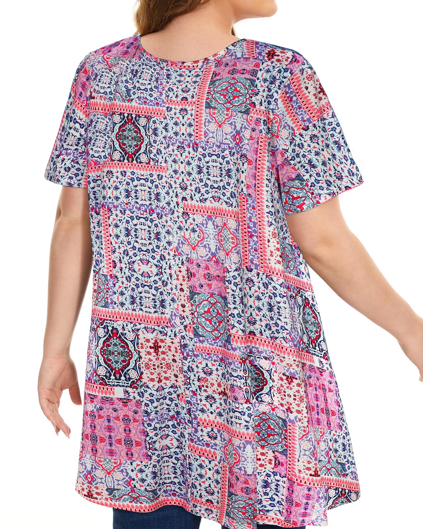 Plus Size Tops for Women Tunic Floral Casual Short Sleeves T Shirts Flowy Blouses, Pink Splicing, 4X-Large