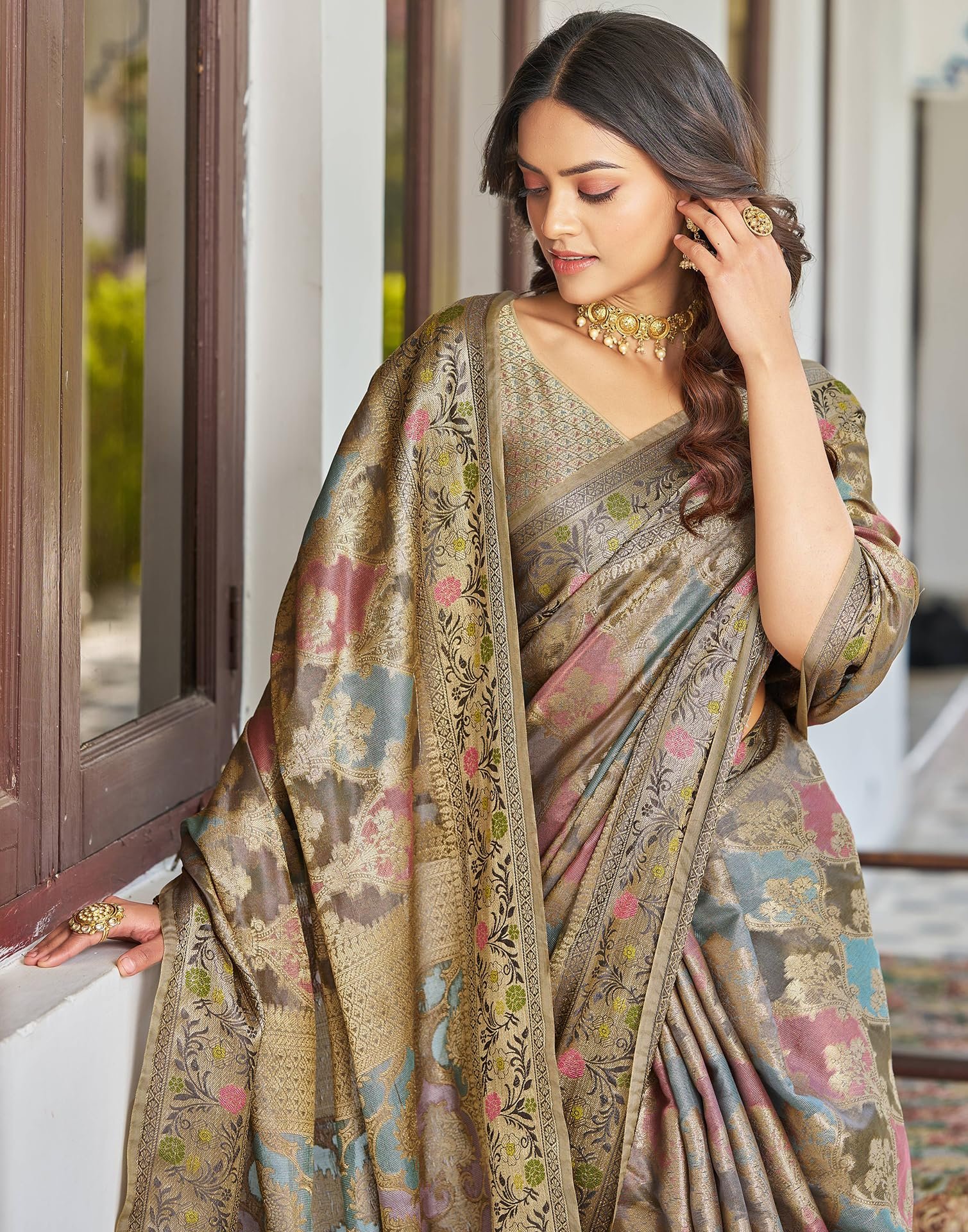 SIRIL Women's Banarasi Silk Jacquard Zari Work Saree with Unstitched blouse Piece (4241S6684_Grey)