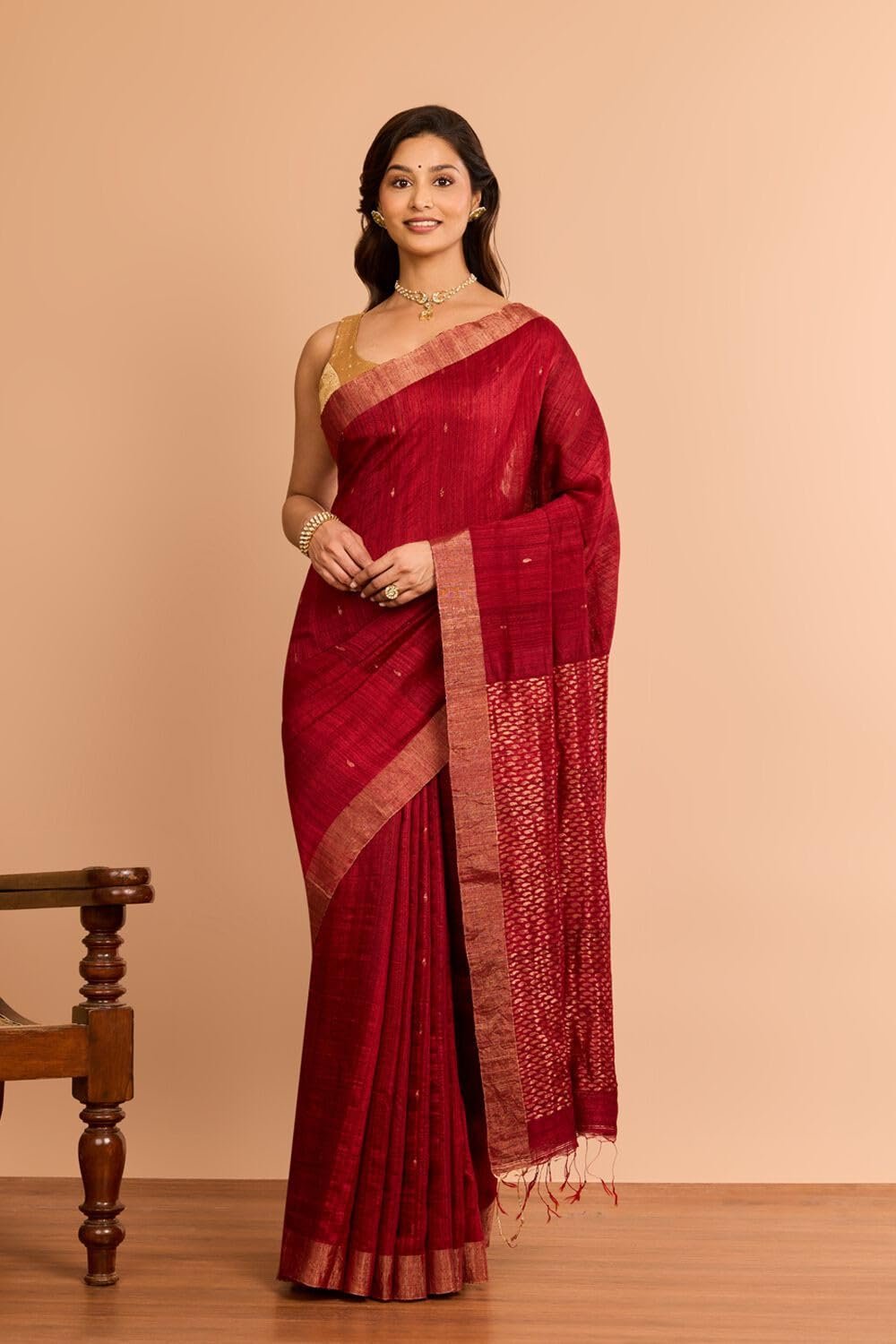 Women Dark Red Woven Pure Silk Vanya Bengal Saree with Unstitched Blouse Piece (SAPH01AC6405-Dark Red)