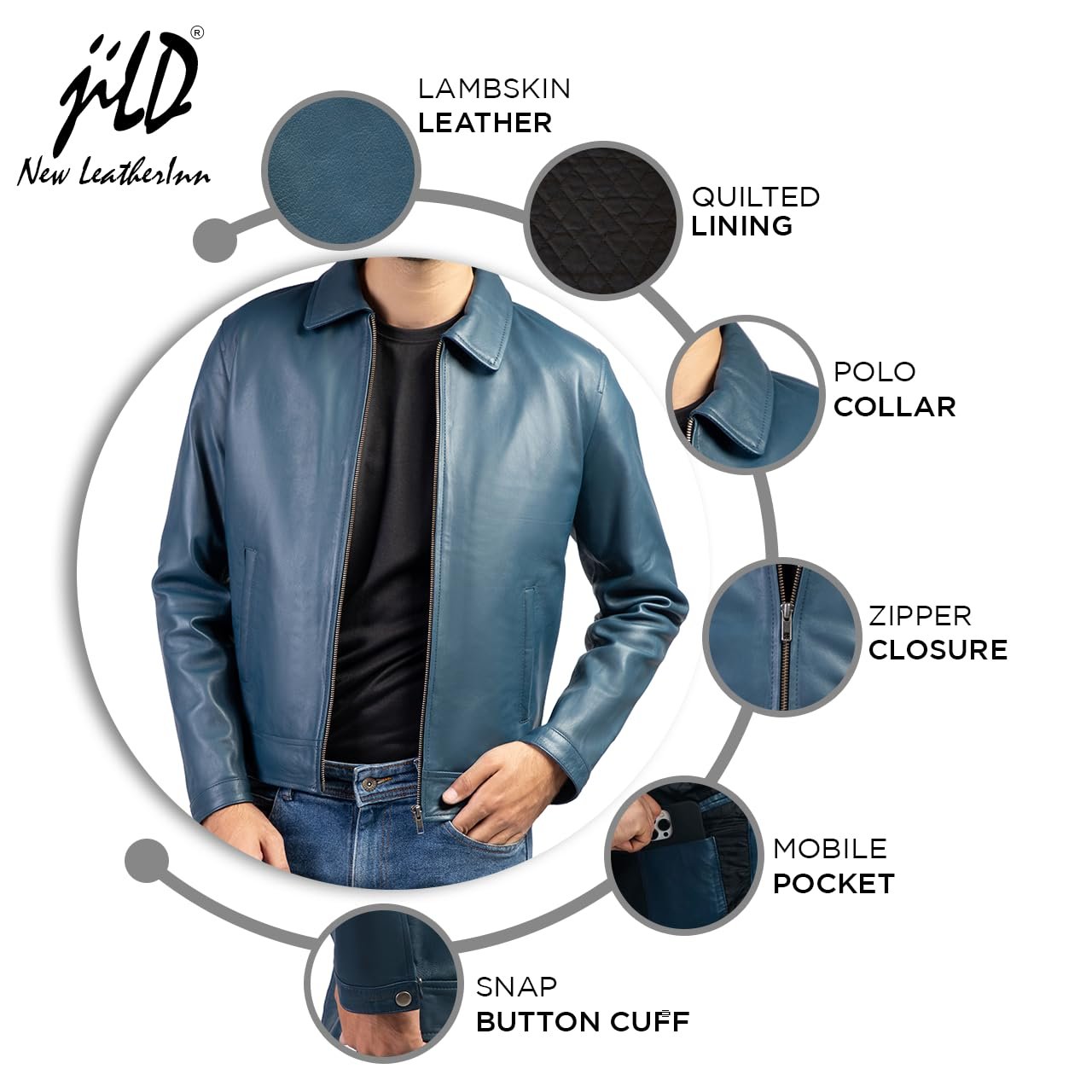 Polo Collar Premium Leather Jacket Men - Old School Classic Style Everyday Wear Real Lambskin Mens Leather Jacket, Blue, X-Large
