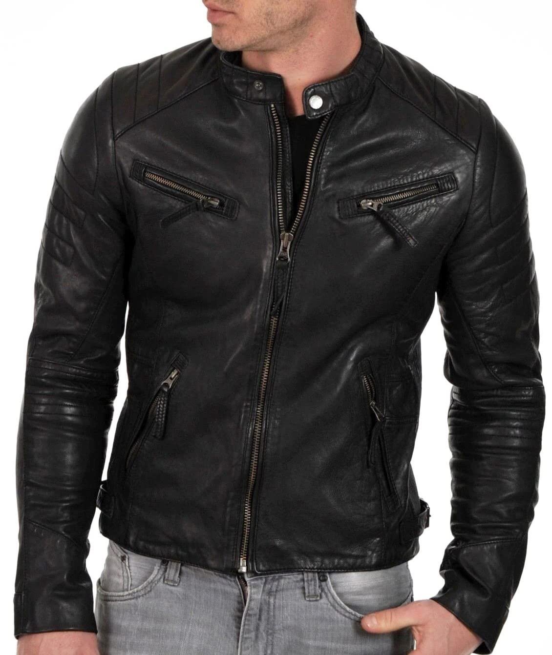 Men's Black & BROWN Genuine Lambskin Leather Biker Jacket VINTAGE REAL MOTORCYCLE JACKETS FOR MEN, Black, X-Large