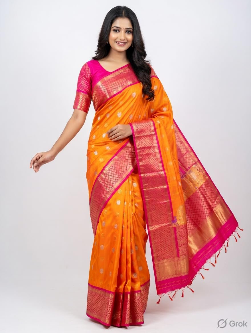 Women's Pure Gadwal Silk Pattu Saree | Yellow & Orange Handloom Saree with Vertical Kaddi Lines | Traditional Kuppadam Silk Saree with Temple Border & Rich Pallu