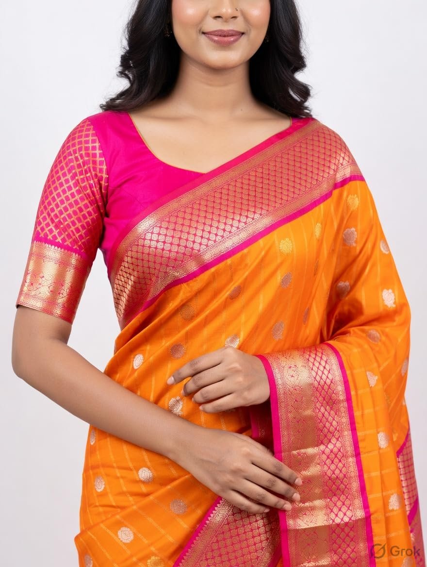 Women's Pure Gadwal Silk Pattu Saree | Yellow & Orange Handloom Saree with Vertical Kaddi Lines | Traditional Kuppadam Silk Saree with Temple Border & Rich Pallu