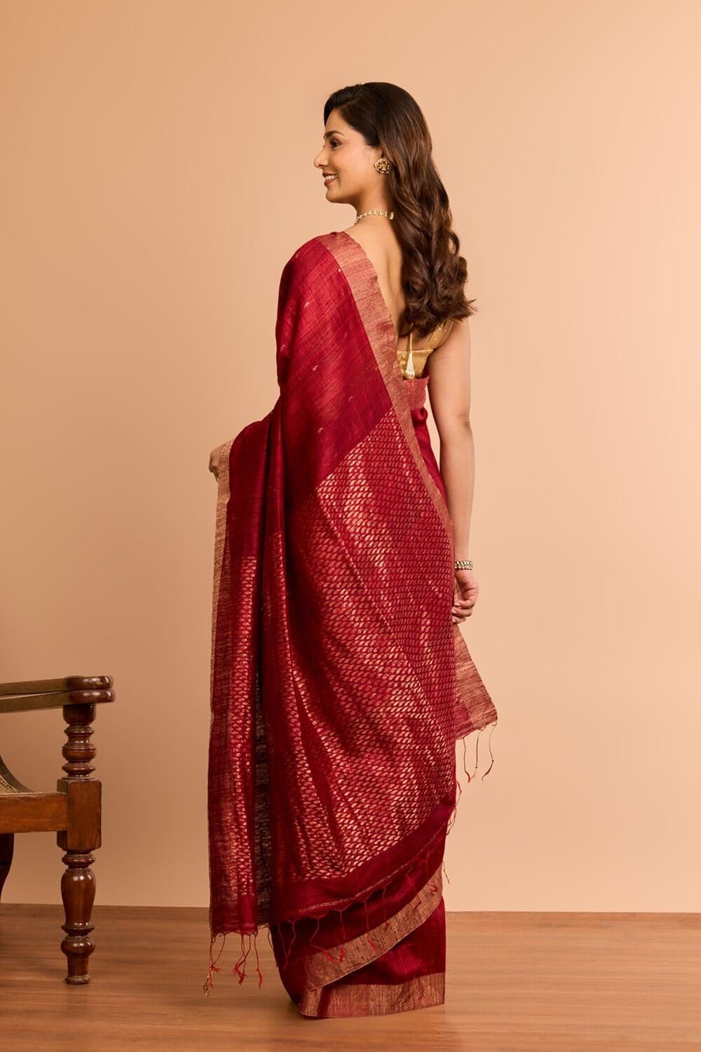 Women Dark Red Woven Pure Silk Vanya Bengal Saree with Unstitched Blouse Piece (SAPH01AC6405-Dark Red)