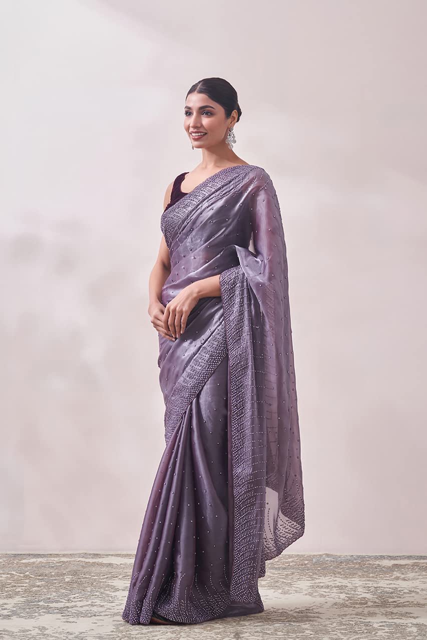 Saree, Boota, Jaal Bordered Sari for Women Hand Zardose Saree with Blouse Piece Organza (Purple)