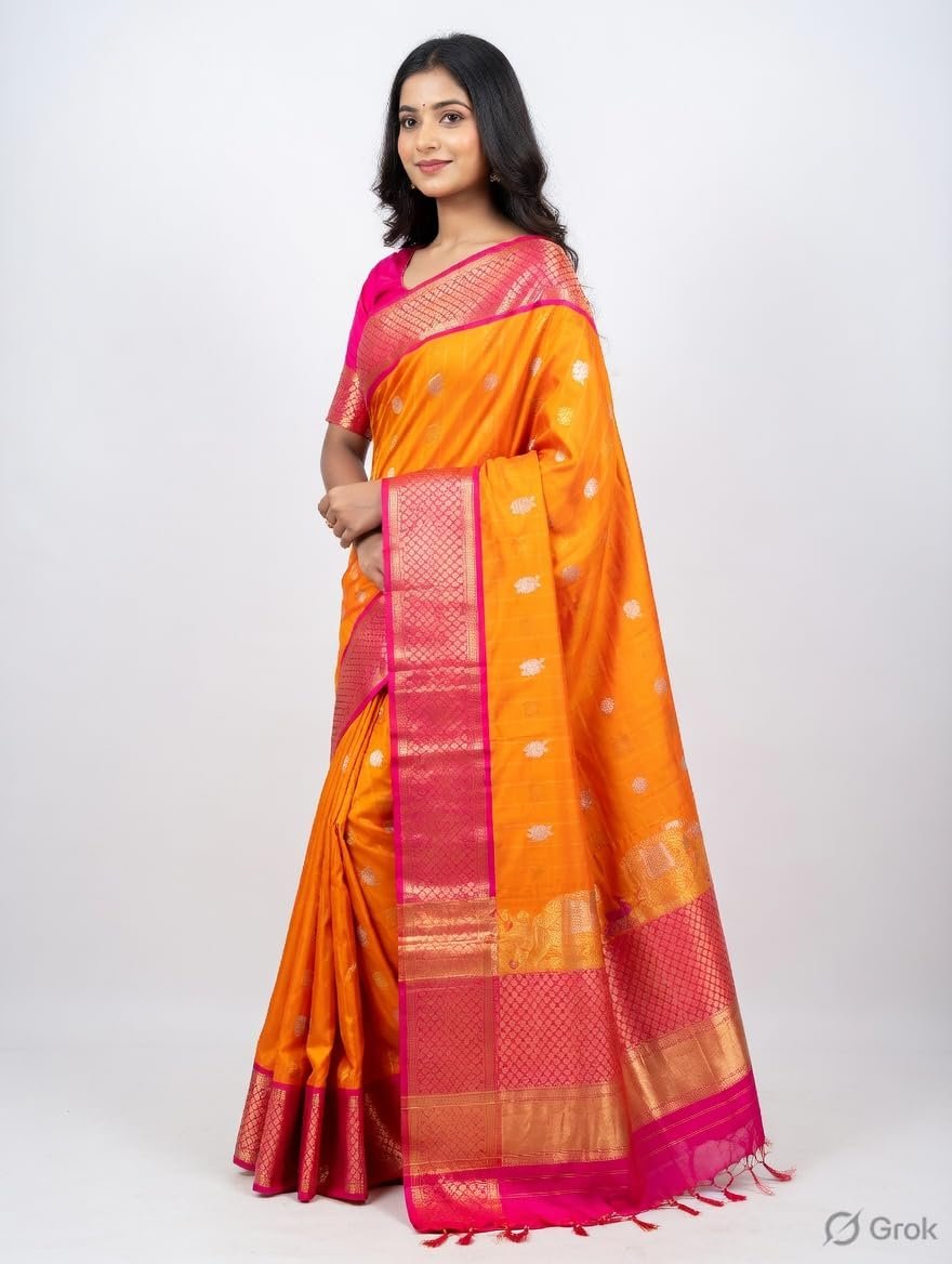 Women's Pure Gadwal Silk Pattu Saree | Yellow & Orange Handloom Saree with Vertical Kaddi Lines | Traditional Kuppadam Silk Saree with Temple Border & Rich Pallu