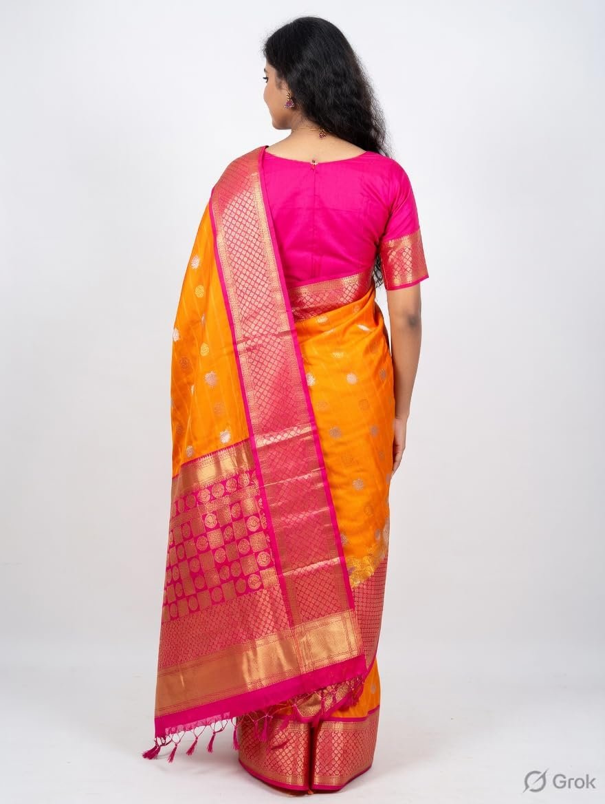 Women's Pure Gadwal Silk Pattu Saree | Yellow & Orange Handloom Saree with Vertical Kaddi Lines | Traditional Kuppadam Silk Saree with Temple Border & Rich Pallu