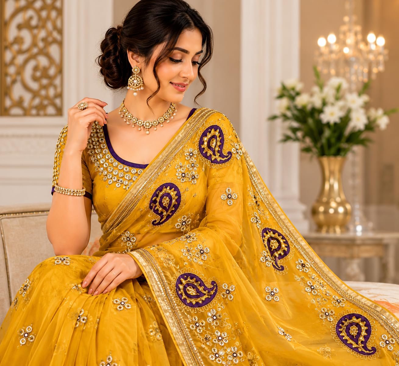 Women's Traditional Pure Georgette Handwork Saree, Size M