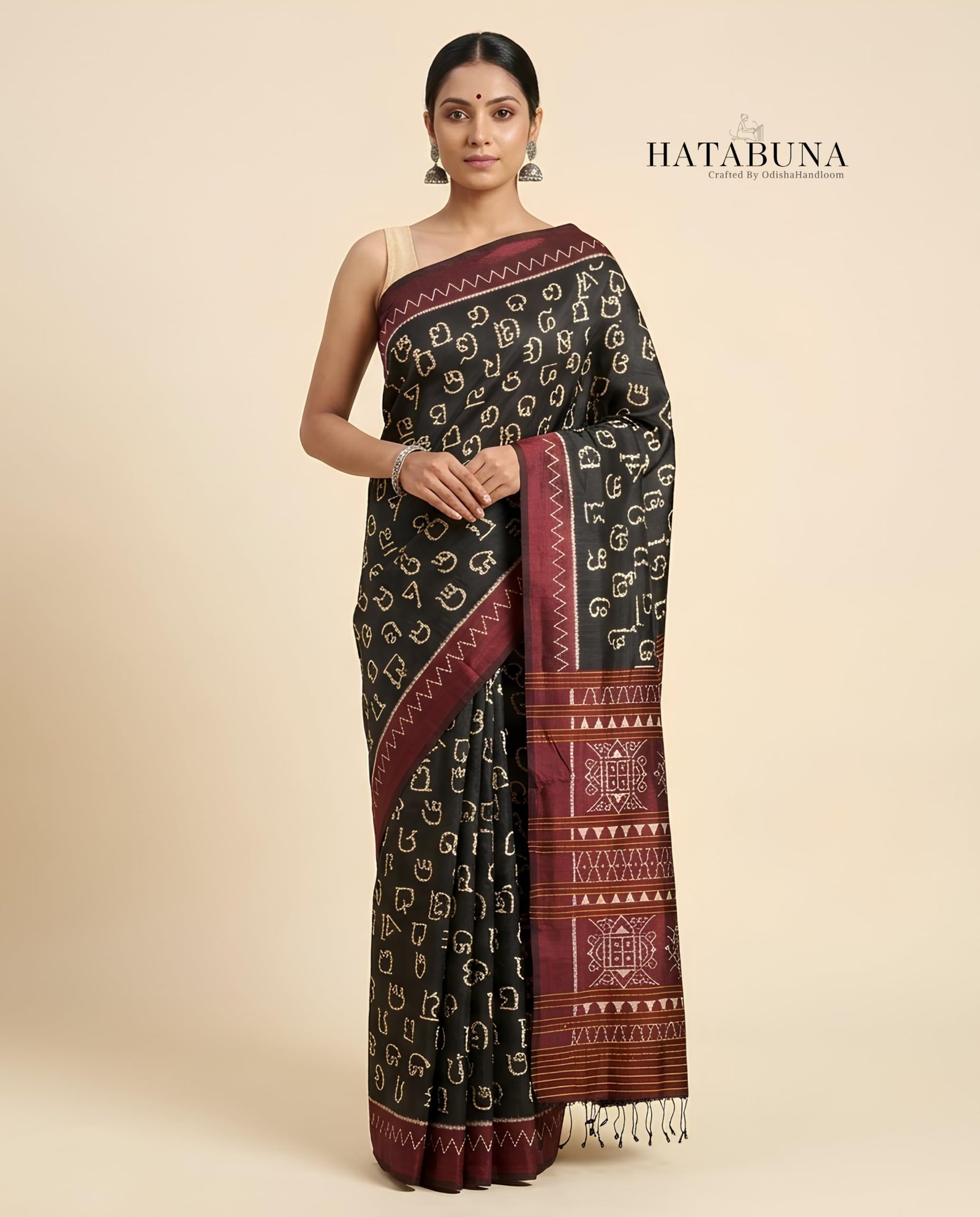 HATABUNA Pure Mulberry Silk Handloom Saree | Premium Odia Letter Ikat Designer Saree | 100% Handwoven Silk | Traditional Sambalpuri Ikat | Maroon & Black | With Blouse Piece