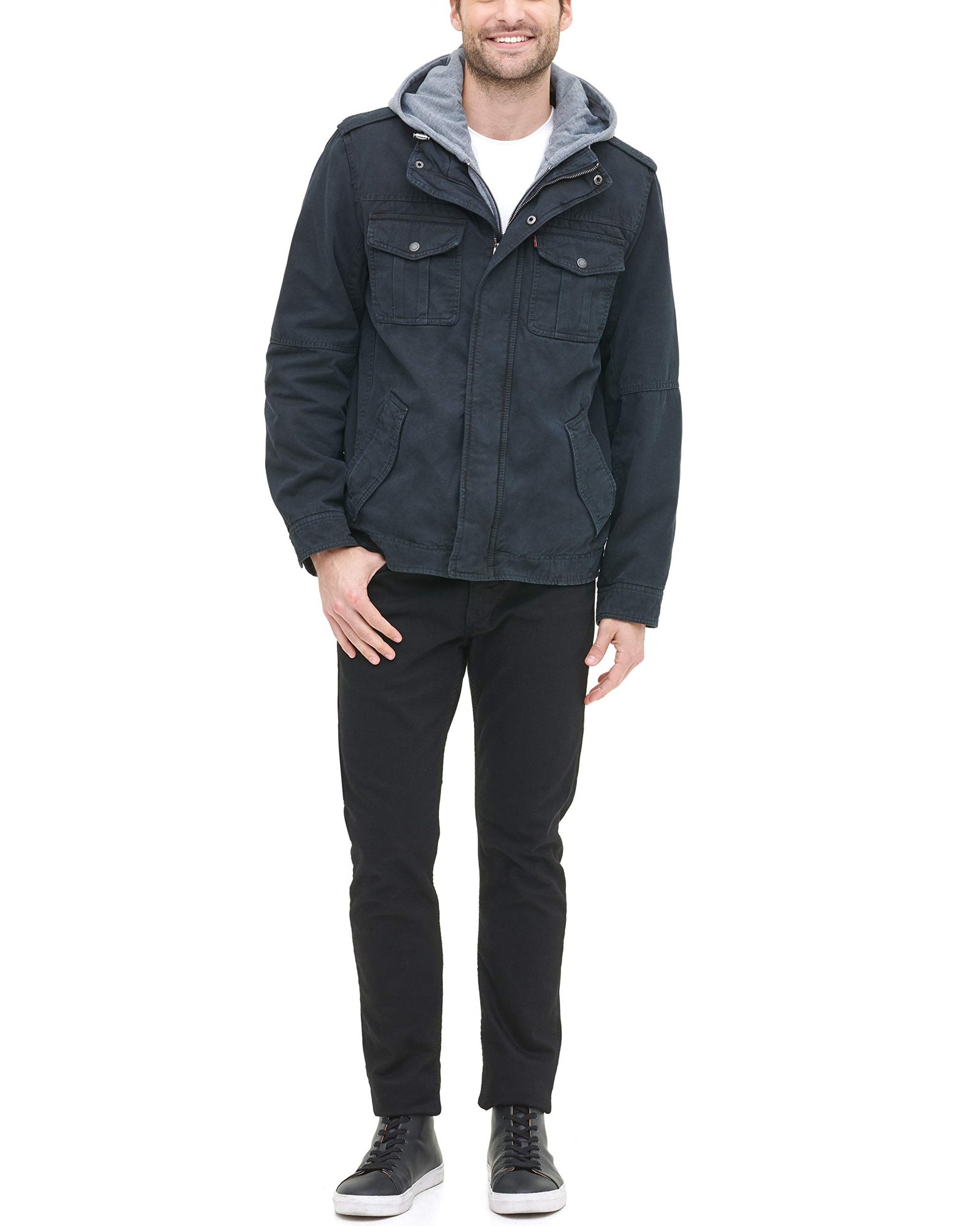Men's Four-Pocket Hooded Jacket,Navy,X-Large