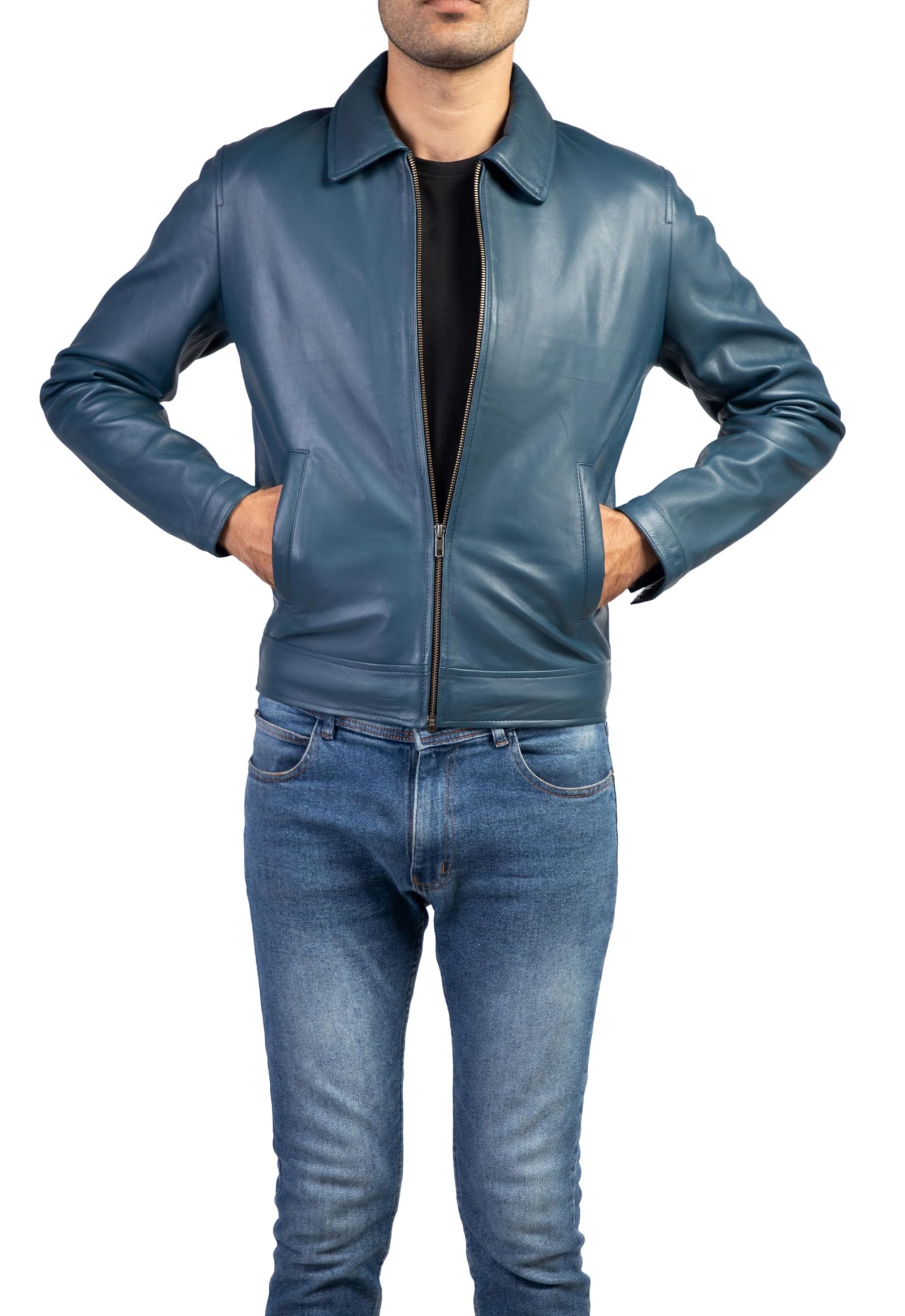 Polo Collar Premium Leather Jacket Men - Old School Classic Style Everyday Wear Real Lambskin Mens Leather Jacket, Blue, X-Large