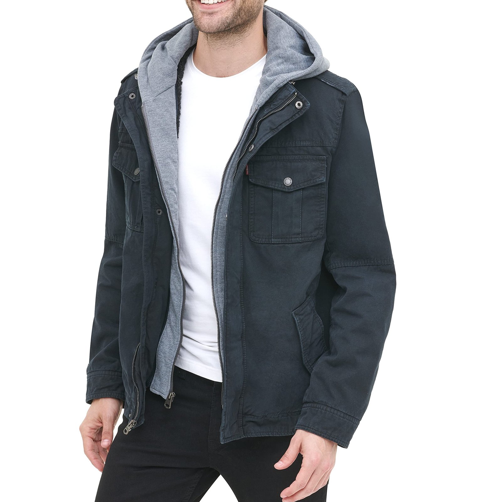 Men's Four-Pocket Hooded Jacket,Navy,X-Large