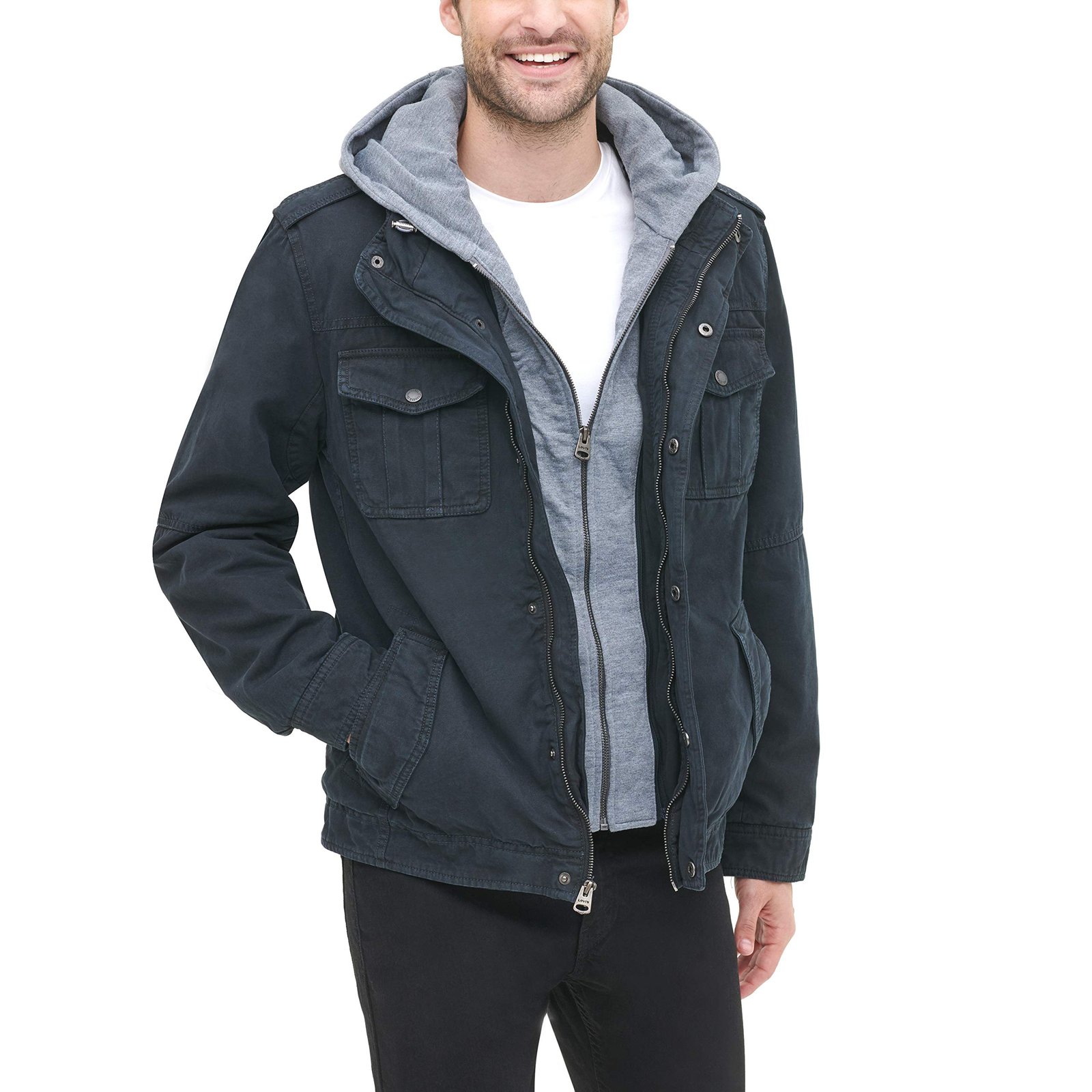 Men's Four-Pocket Hooded Jacket,Navy,X-Large